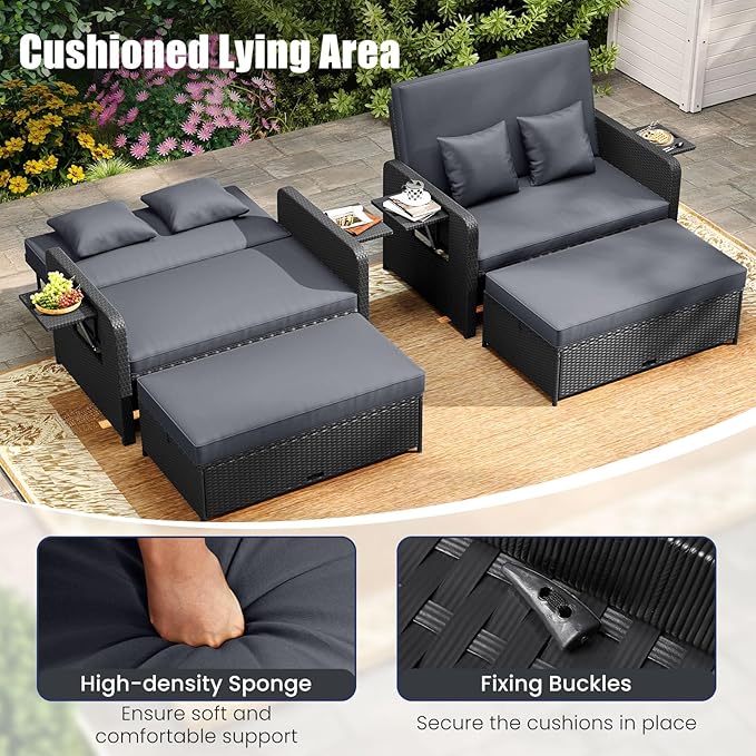 HAPPYGRILL Patio Rattan Wicker Daybed with Loveseat & Storage Ottoman, Outdoor Lounge Sofa Furniture Set with Adjustable Backrest & Side Trays, for Poolside Deck Porch Lawn (Black & Gray)