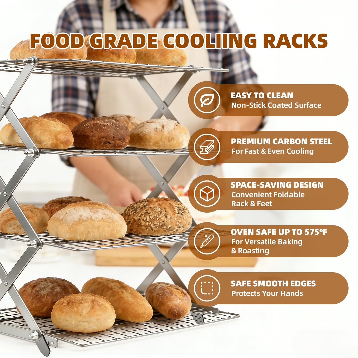 3 Tier Collapsible Cooling Rack with Adjustable 6 Setting Design stackable wire rack for baking sheet for Cookies Baking Gifts for Women (Silver, 3-Tier)
