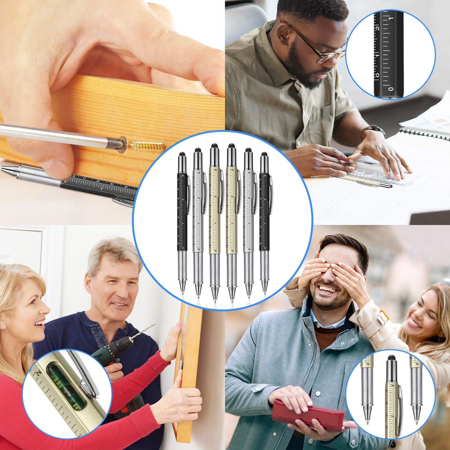 Honoson 30 Pcs Tool Pen for Men Gift 6-in-1 Multitool Tech Tool Pen with Ruler, Level Gauge, Ballpoint, Stylus, Screwdriver and Slotted Screwdriver Multifunction Gift for Him Dad Father Day