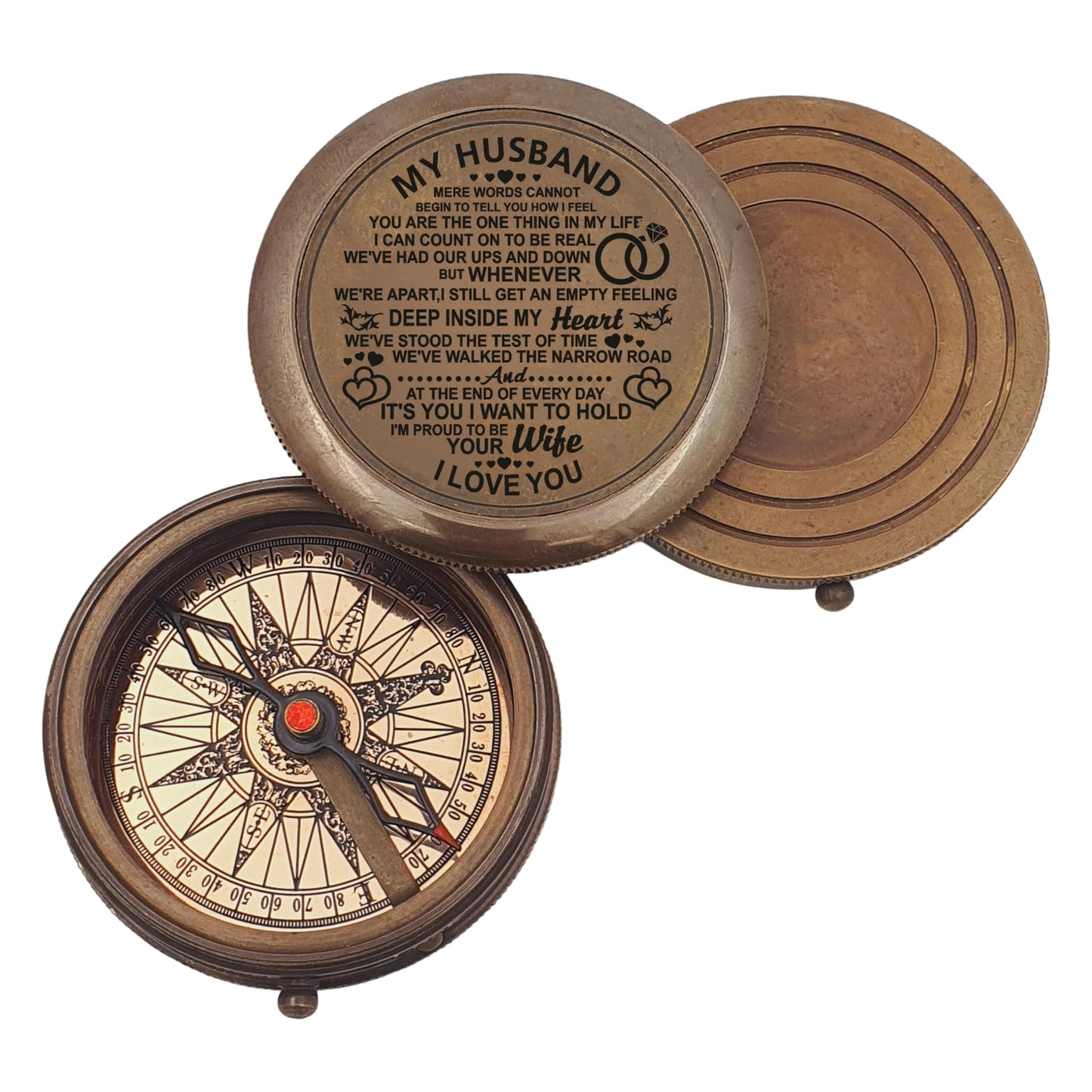 Royalmart Engraved Compass Gift for Men Personalized with Wooden Box Handmade Antique Brass Compass Keepsake Gifts for Husband Navigation Graduation Gift for Women (to My Husband #8)