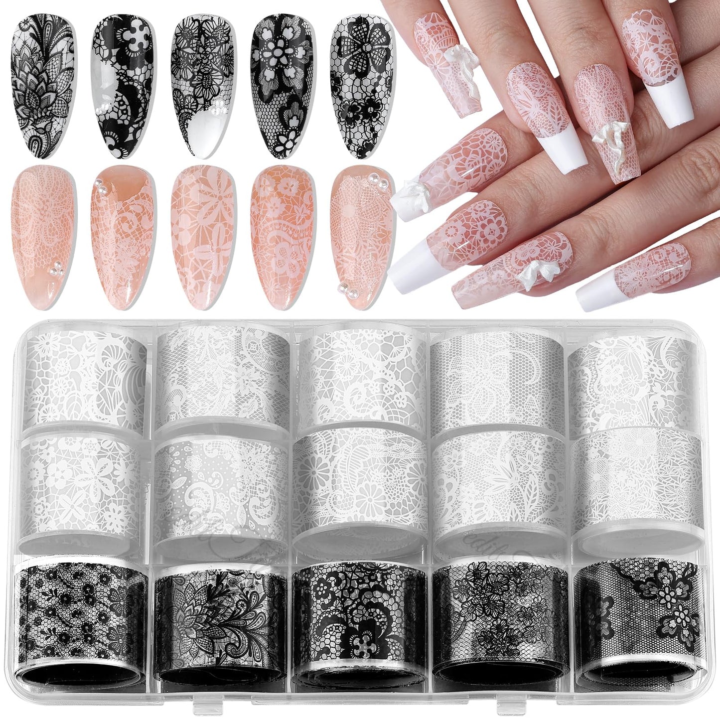 Lace Nail Foil Transfer Sheets, 15 Rolls Black White Flower Nail Art Transfer Foils Decals, Flower Nail Art Foils Decals Holographic Foils for Nails Manicure DIY Nails Decoration (10White+5Black)