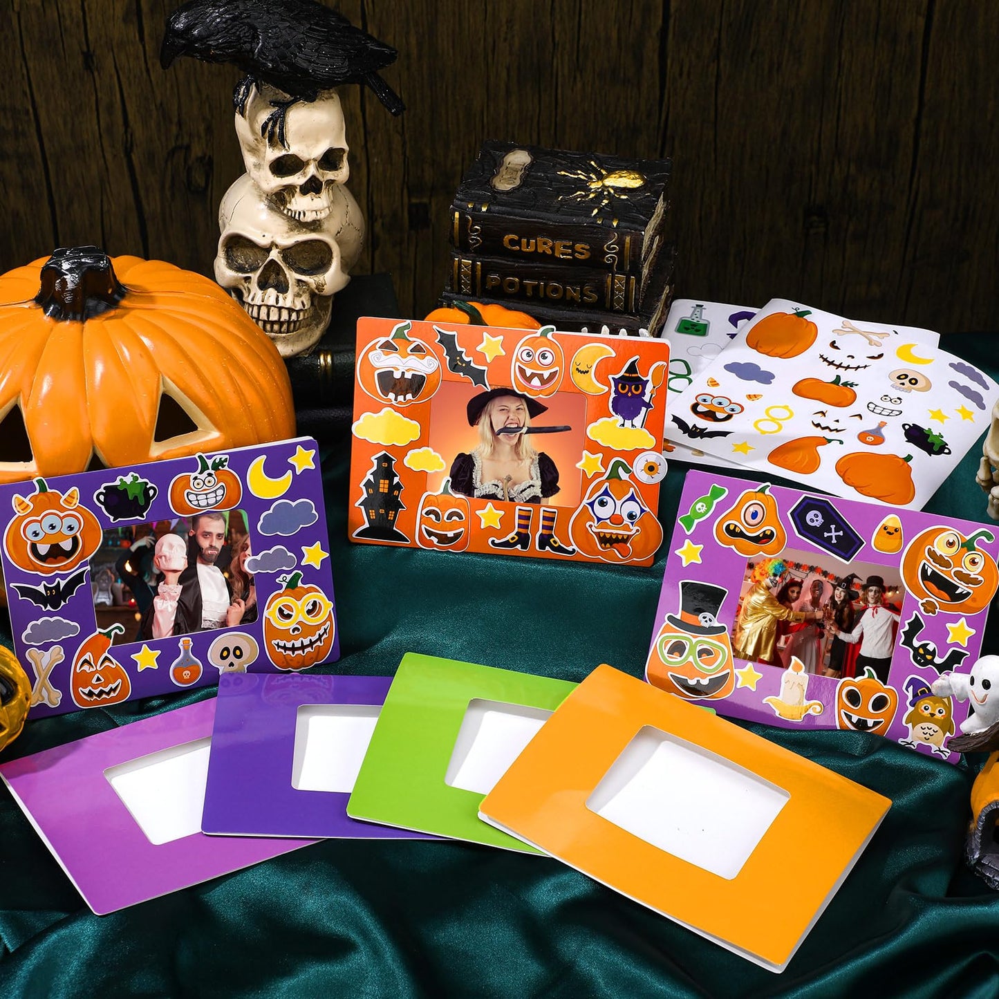 Qunclay 96 Pcs Halloween Picture Frame Craft Pumpkin Make a Face Stickers Picture Frames DIY Photo Frame Craft Classroom Home Game Activities Holiday Gift