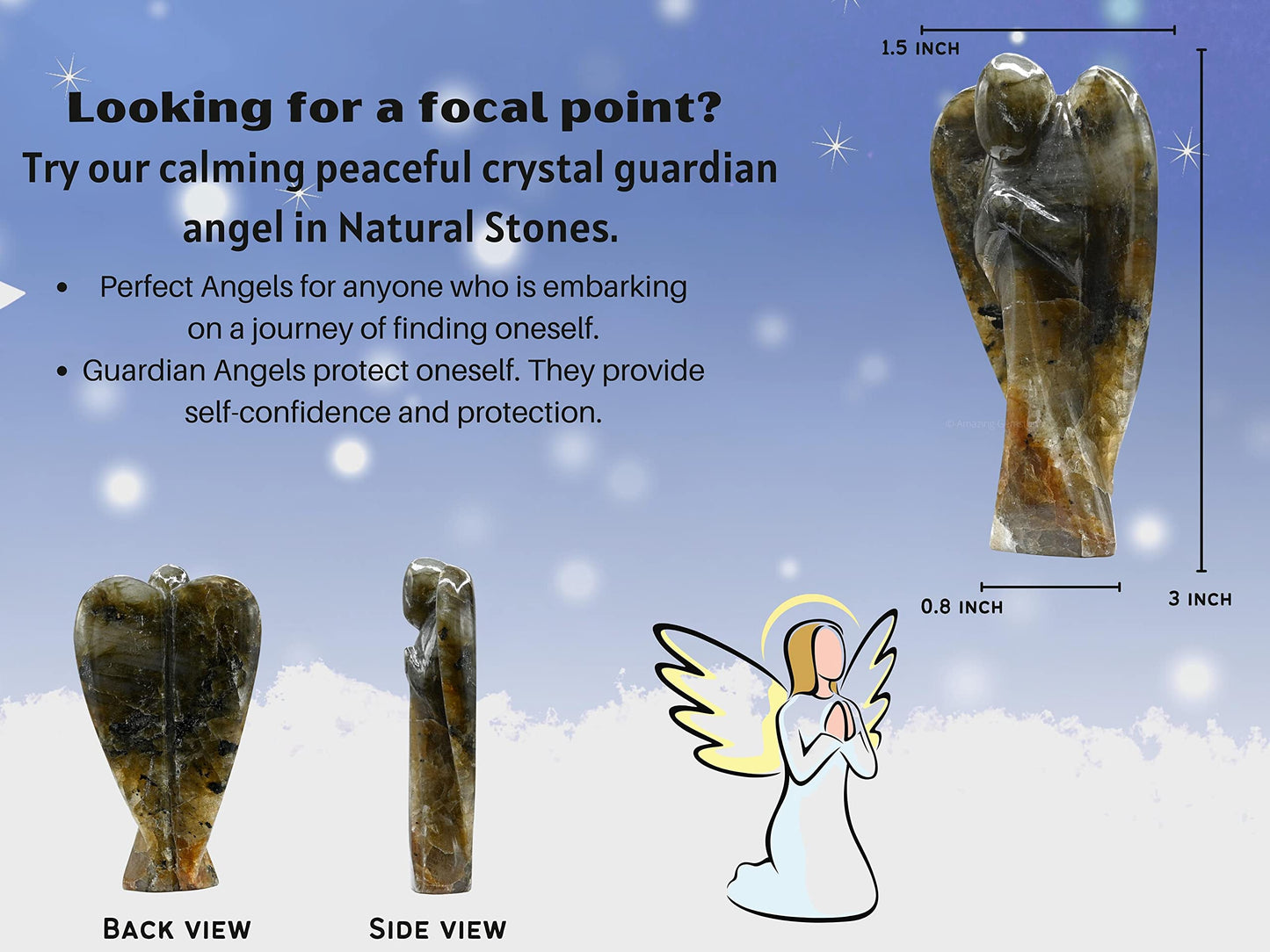 Amazing Gemstone Labradorite Crystal Guardian Angel Figurines Ornament for Healing Birthstone, Decoration Statue (Hand Carved Pocket Gemstone Angel) (3 inch)