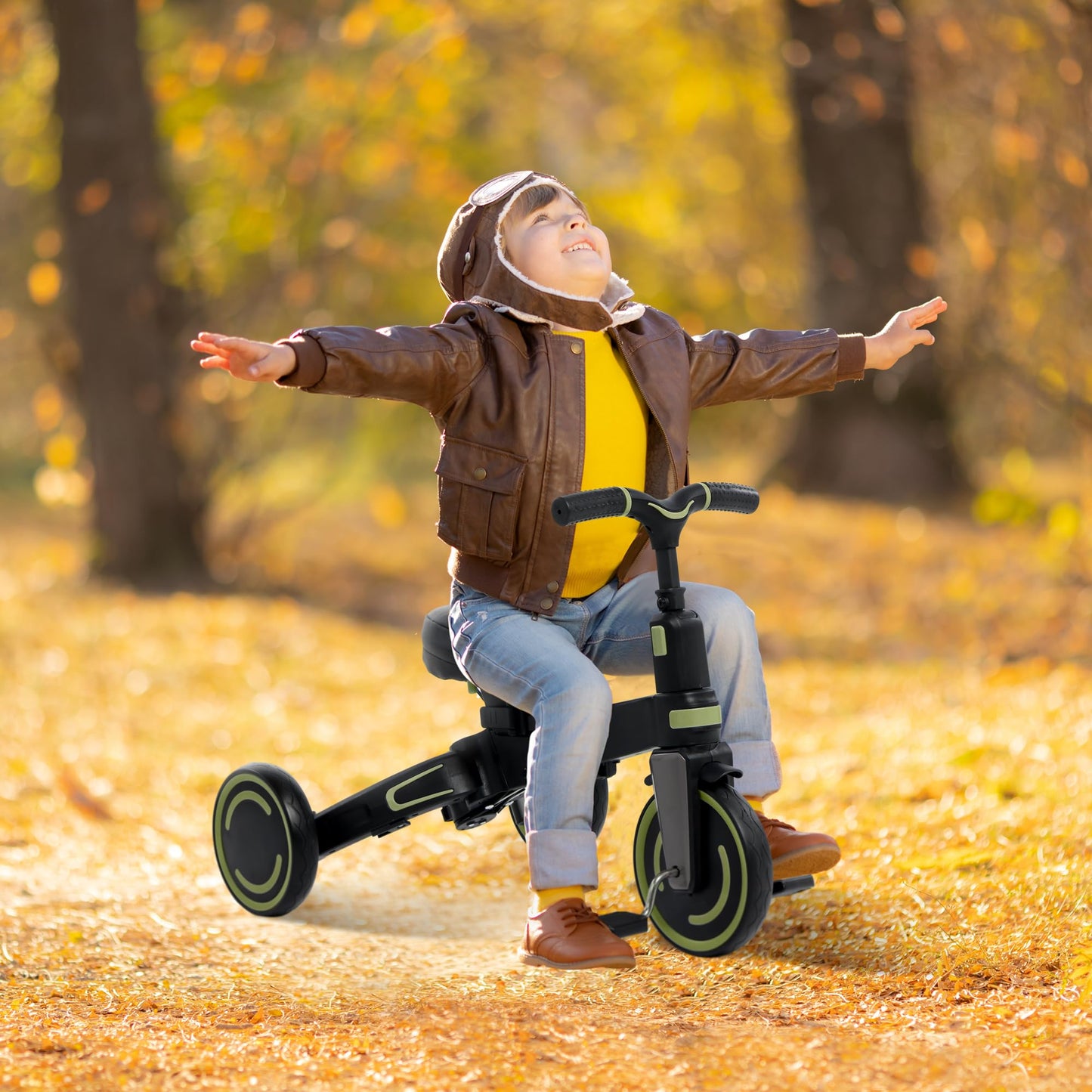 Aneco 9-in-1 Multi-functional Baby Tricycle for Toddlers 10 Months-3 Years with Removable Canopy Rotatable Seat Safety Harness Wheel Brake Adjustable Push Handle Storage Bag Cup Holder Black and Green