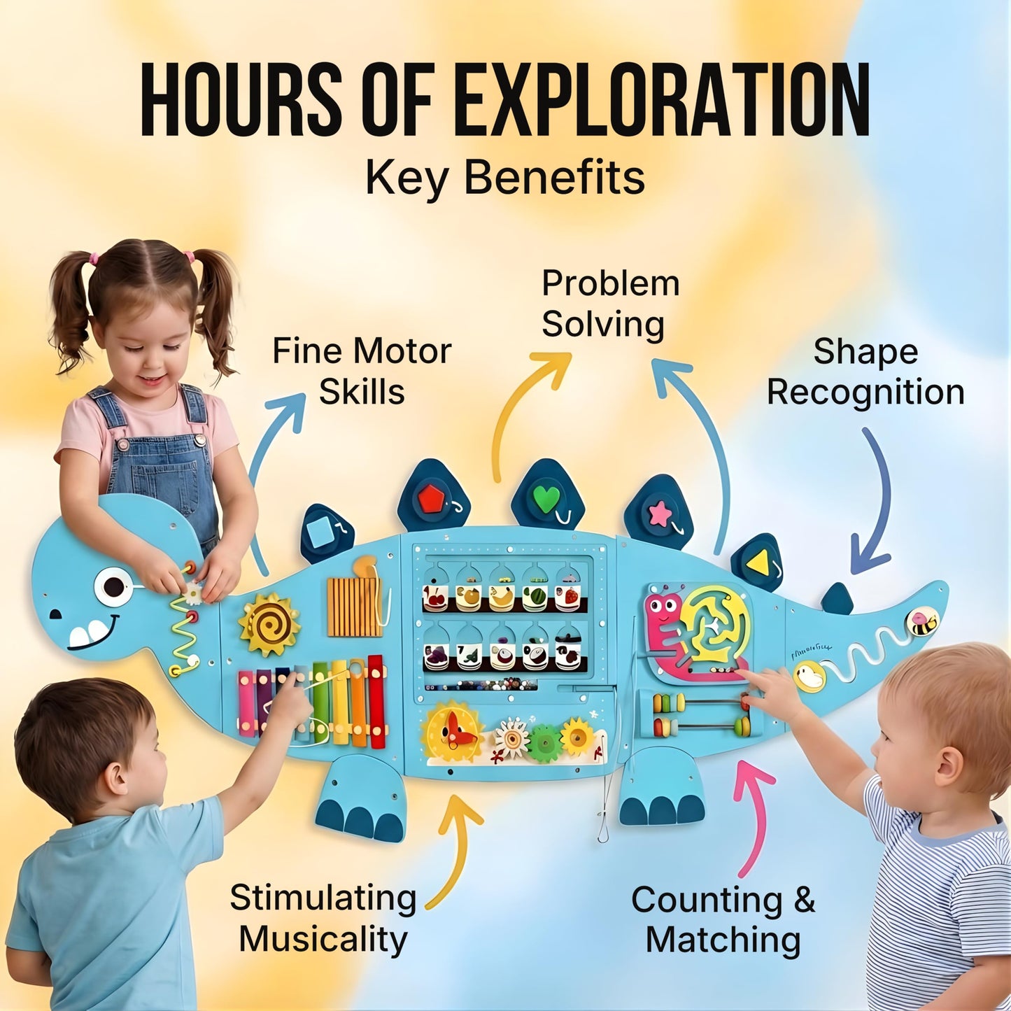 AthomBear Dinosaur Wall Busy Board with 12 Activities - Wall Toys for Toddlers 2,3,4,5 - Sensory Panel Wooden - Montessori Busy Board Learning Activity Center for Playroom and Classroom
