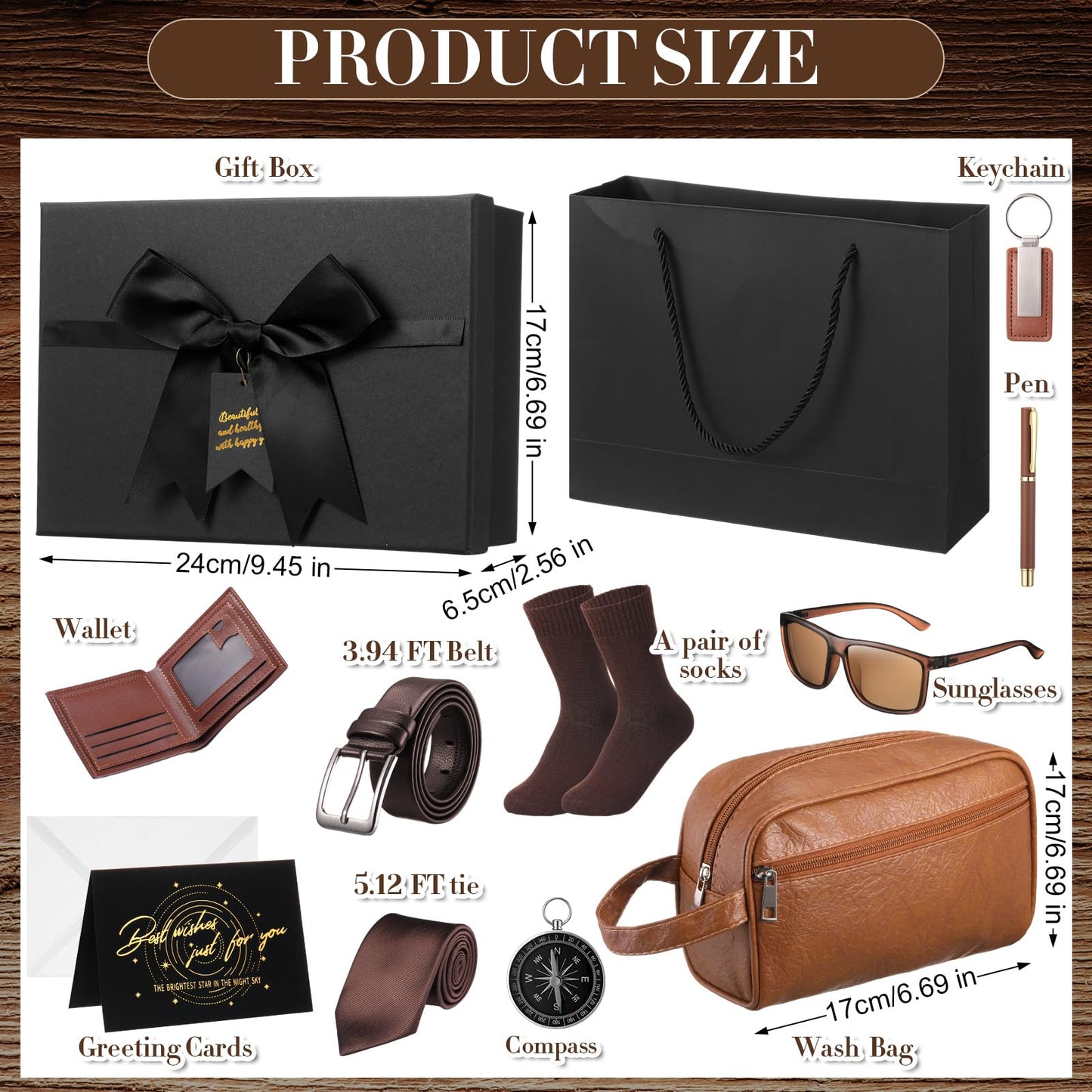 Geyoga 12 Pcs Men Father's Day Birthdays Gift Set with Box for Men Dad Basket PU Leather Wallet Leather Toiletry Bag Tie Socks Belt Keychain Sunglasses Pen Compass Set(Brown)