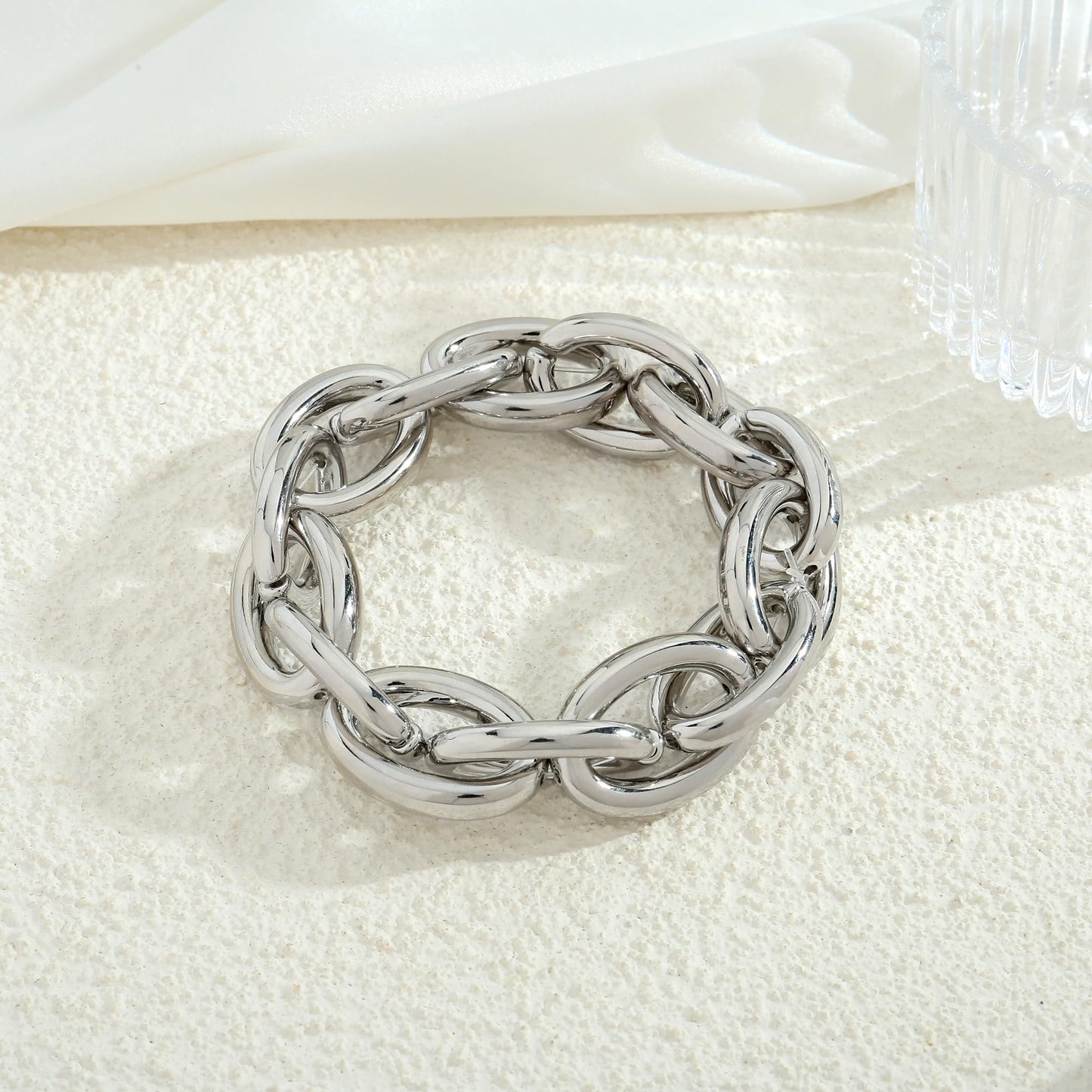 WOWORAMA Silver Chunky Bracelet for Women Thick Chunky Chain Bracelets Elastic Stretch Link Chain Bracelets Adjustable Silver Statement Bracelet