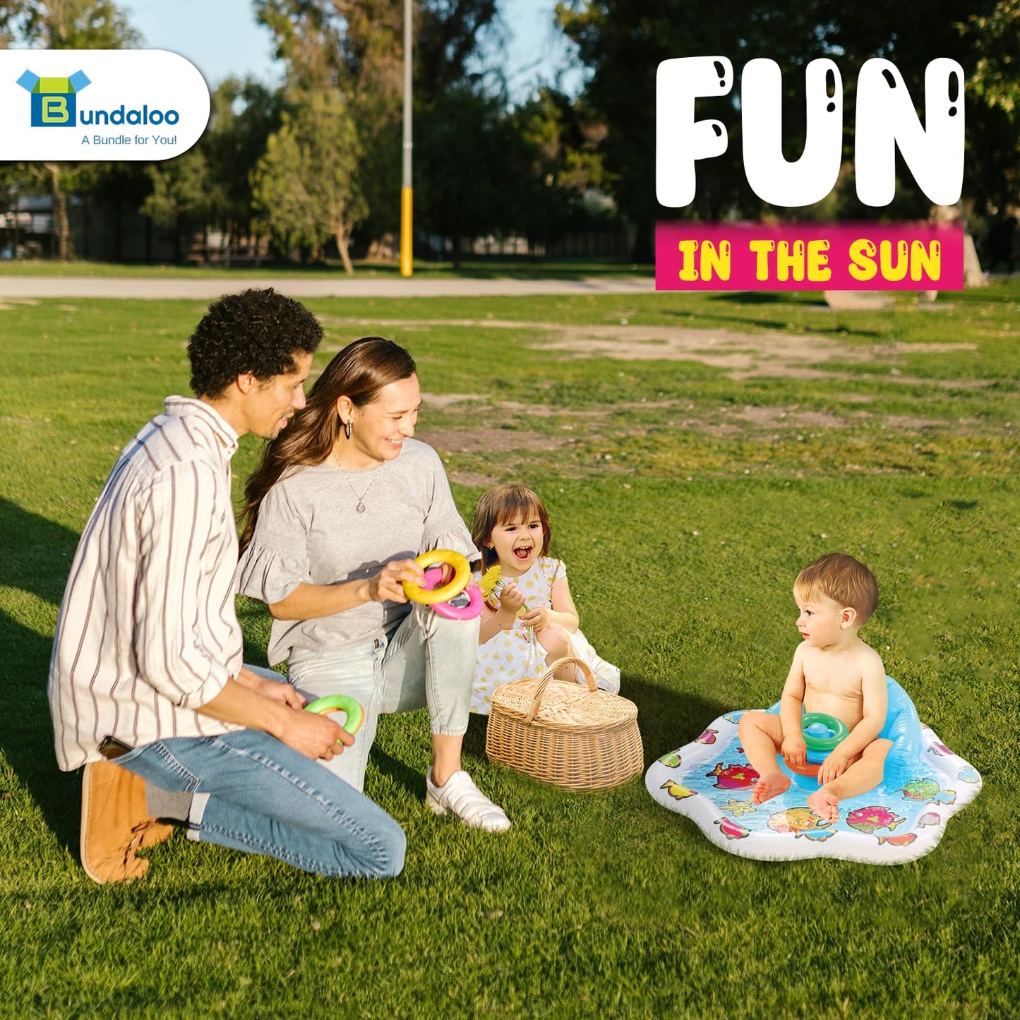 Bundaloo Baby Splash Pad with Inflatable Backrest and Stackable Ring Toys – Sensory Water Play Mat for Infants and Toddlers – Summer Outdoor Fun