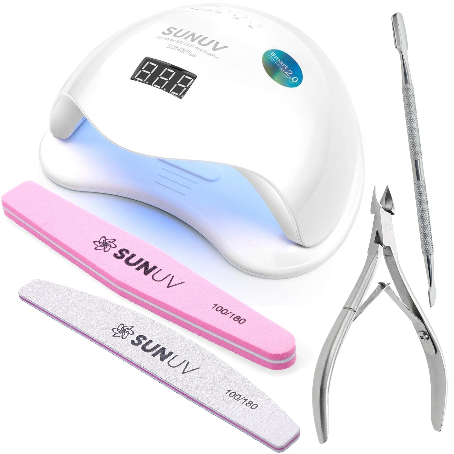 SUNUV UV LED Nail Lamp with 4PCS Cuticle Nippers, Cuticle Pusher with Nail File and Buffer Set, Professional Stainless Steel Durable Pedicure Manicure Nail Care Tools
