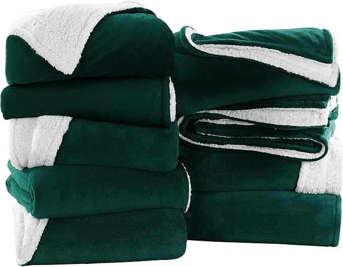 IR Imperial Rooms Emerald Green Sherpa Blankets Queen Size for Bed - Wholesale Bulk Pack of 9 Sherpa Blankets - Soft Fluffy Throw Blanket for Hotels, Guest Bedroom, 90x90 Inches