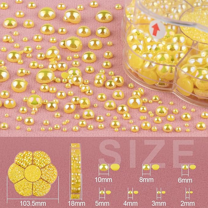 Nail Art Flat Back Half Round Pearl Kits 30, 1 Box of 6000 Pcs Flat-Back Lemon Yellow AB Pearl with Tweezer and Picker Pencil for Home DIY Nails Body Face Craft and Salon Use