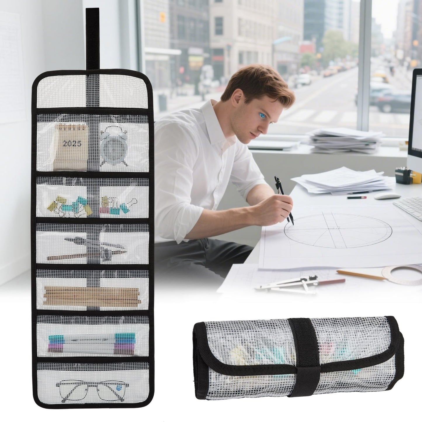 Small Roll Up Storage Bag, 6 Pockets Roll Up Tool Kit, Suitable for Mechanics, Kitchen Storage, Art Sketching, Travelling, Potter's Tools, Office Objects, Transparent and Visible, Space-Saving 4 Pack