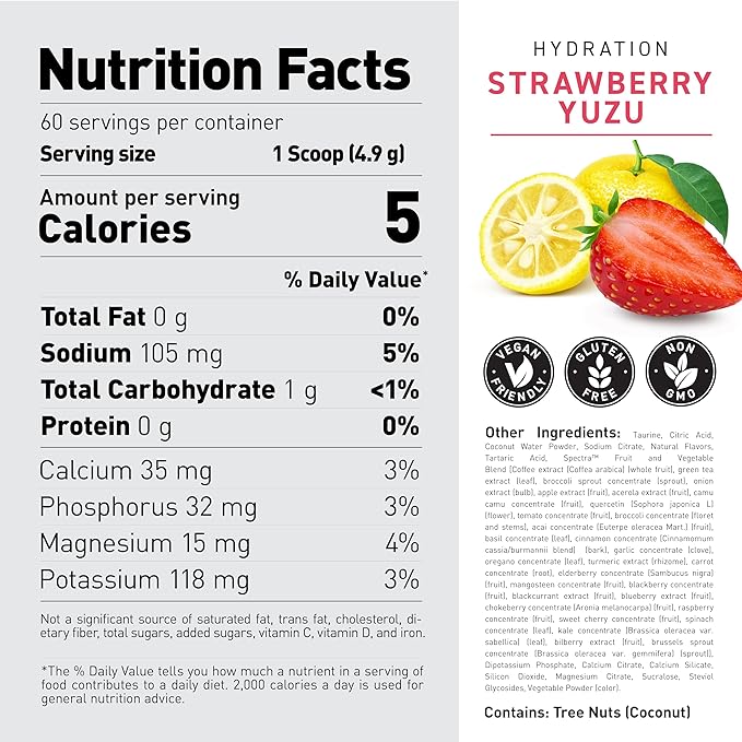 Kaged Electrolyte Hydration Powder, Hydracharge Strawberry Yuzu, Sports Drink for Men and Women, Pre, Post, Intra Workout Supplement, 60 Servings