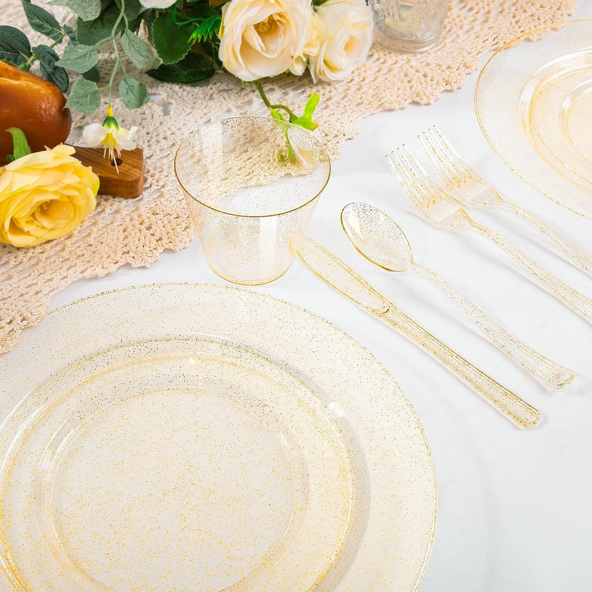 WELLIFE 600 PCS Gold Glitter Disposable Dinnerware Set for 100 Guests, Plastic Plates for Party, Including 100 Dinner Plates, 100 Salad Plates,Cups,Silverware Set for Wedding and Party Supplies
