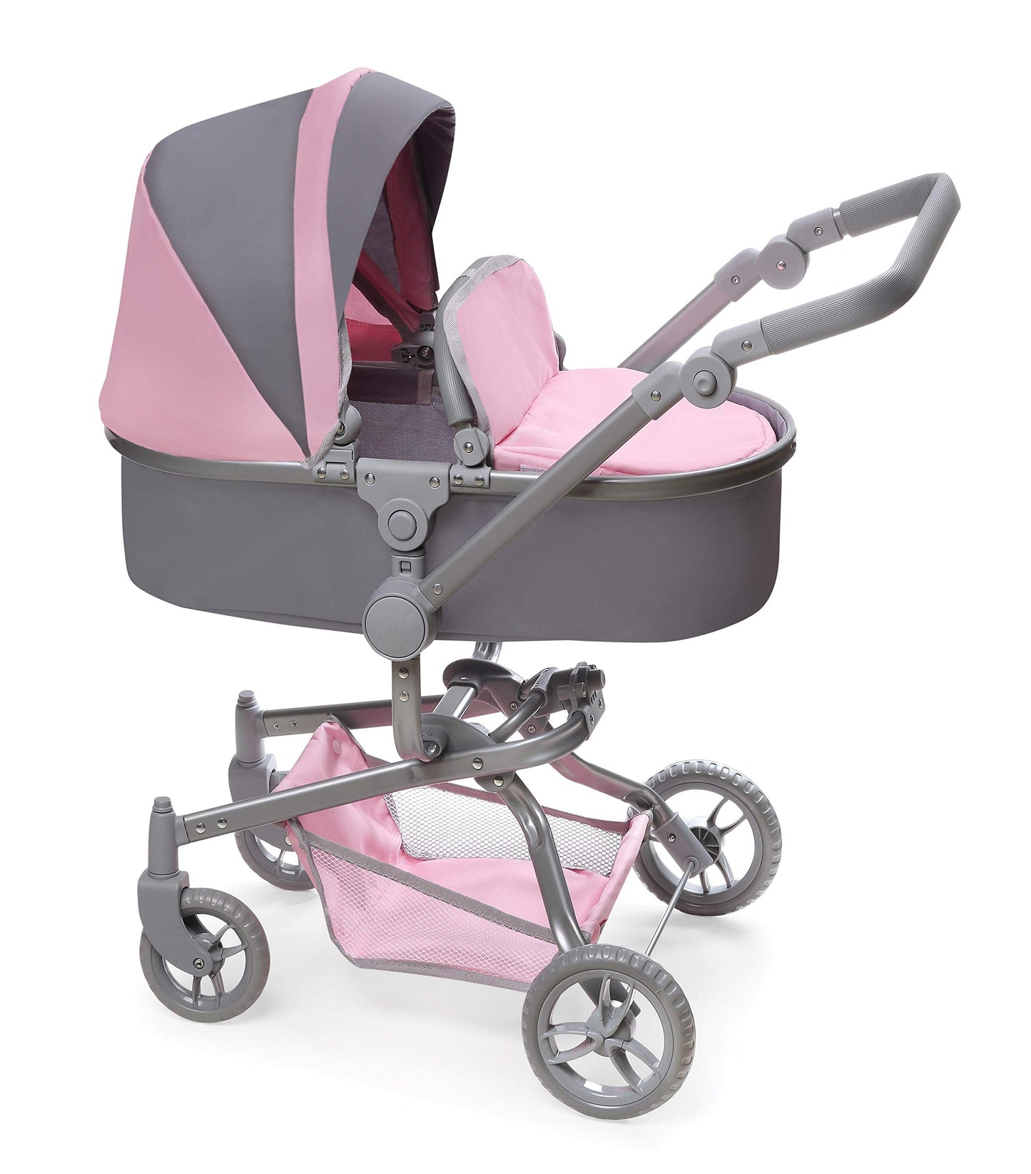 Badger Basket Foldable Doll Stroller & Pram for Dolls - Convertible Toy with Canopy, Basket & Soft Handle - Lightweight, Easy to Use for Girls Ages 3+- Gray/Pink