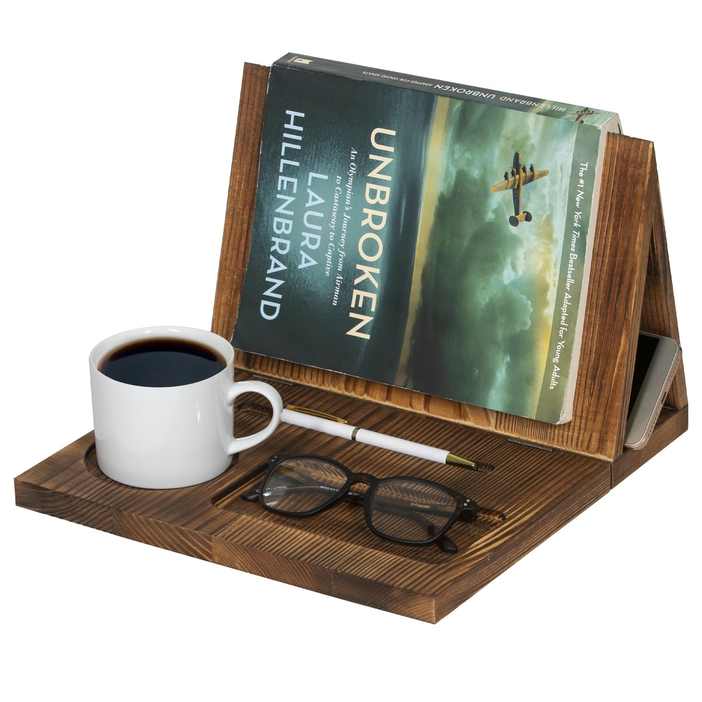 Wooden Book Holder for Page Rest,Book Valet Book Stand with Cup,Glass&Pen Holder,Idea Gift for Book Lover and Table Décor.
