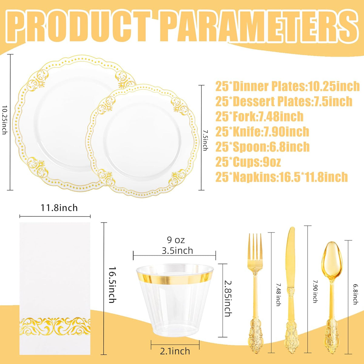 Ciaell 175 PCS White and Gold Plastic Plates - Fancy Gold Disposable Dinnerware Set with of 50 Plastic Plates, 25 Knives, 25 Forks, 25 Spoons, 25 Cups, 25 Napkins for Wedding, Party &Thanksgiving