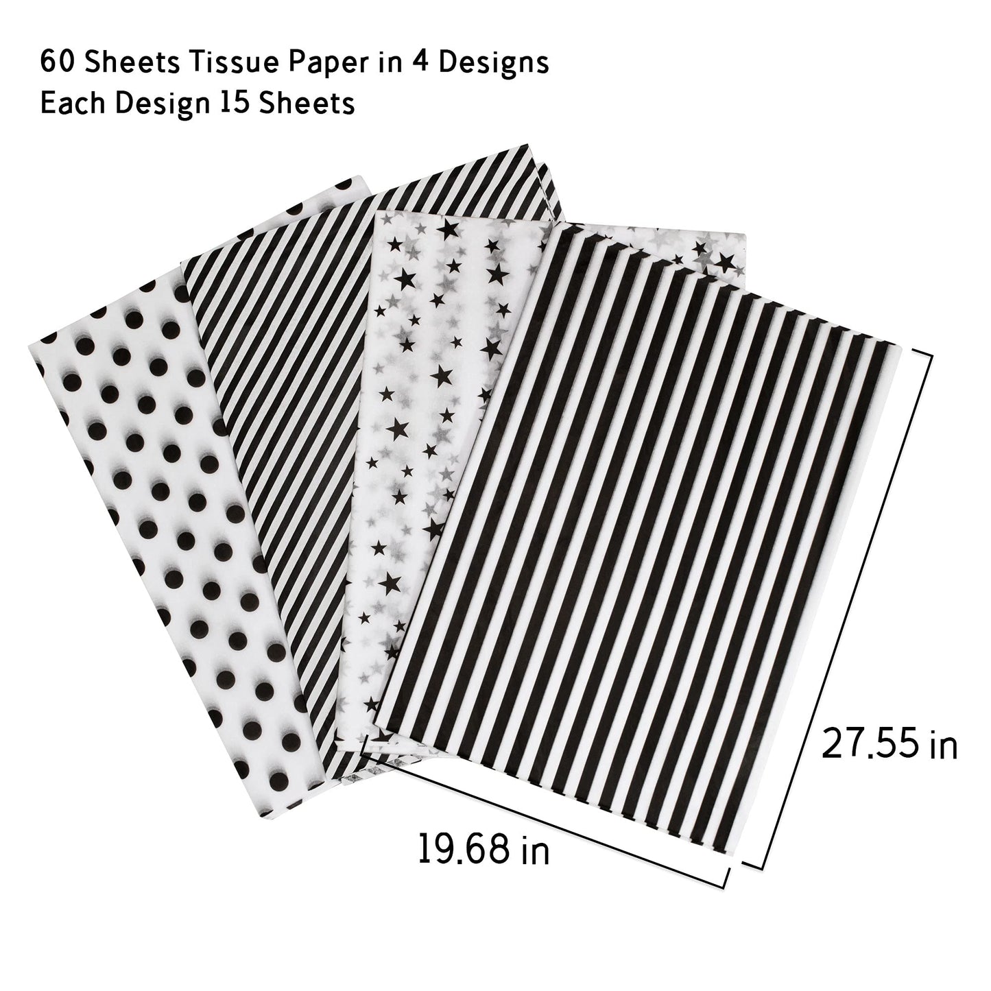 MR FIVE 60 Sheets 20" X 28" White and Black Tissue Paper Bulk,4 Styles Black Tissues Paper for Gift Wrapping,Gift Bags,Birthday,Star Stripes Polka Dots Pattern