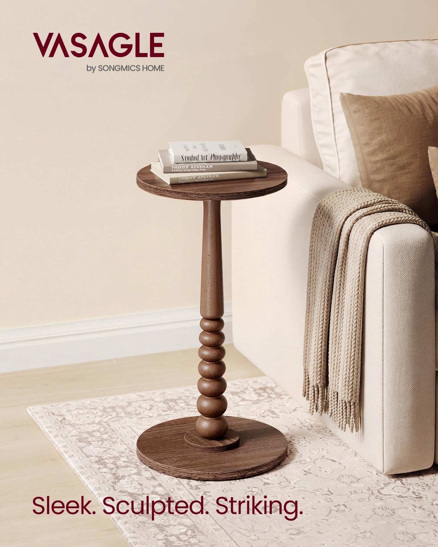 VASAGLE MARIEL Collection - Round Side Table, Small Drink End Table for Small Spaces, Accent Nightstand, Solid Wood Leg, Mid-Century Modern, for Living Room Bedroom, Chestnut Walnut ULET293KX01S