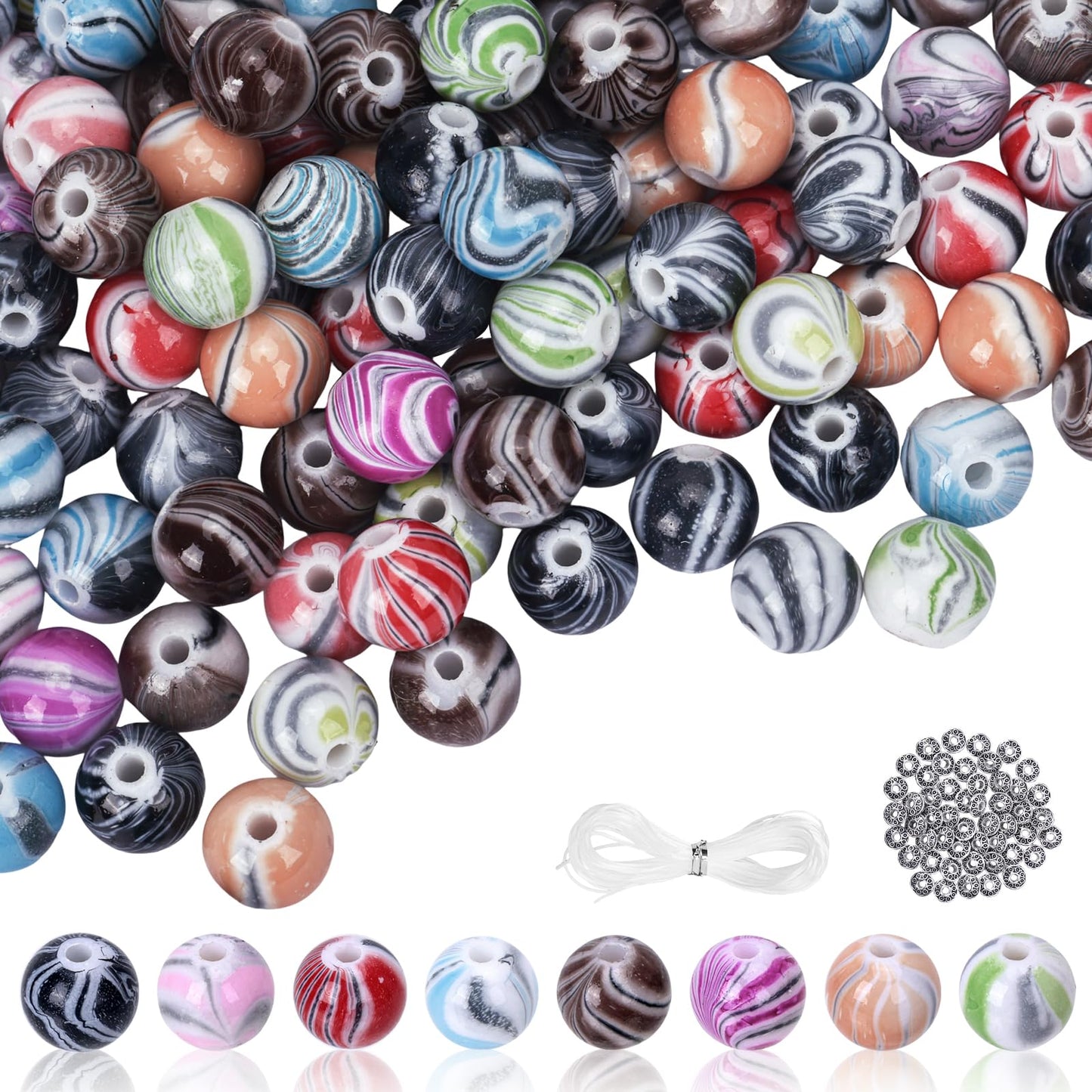 Quefe 500pcs Craft Beads in Ink Patterns for Jewelry Making Beads for Bracelets Making, Acrylic Bulk Beads with 50pcs Spacer Beads and Crystal String (10mm)