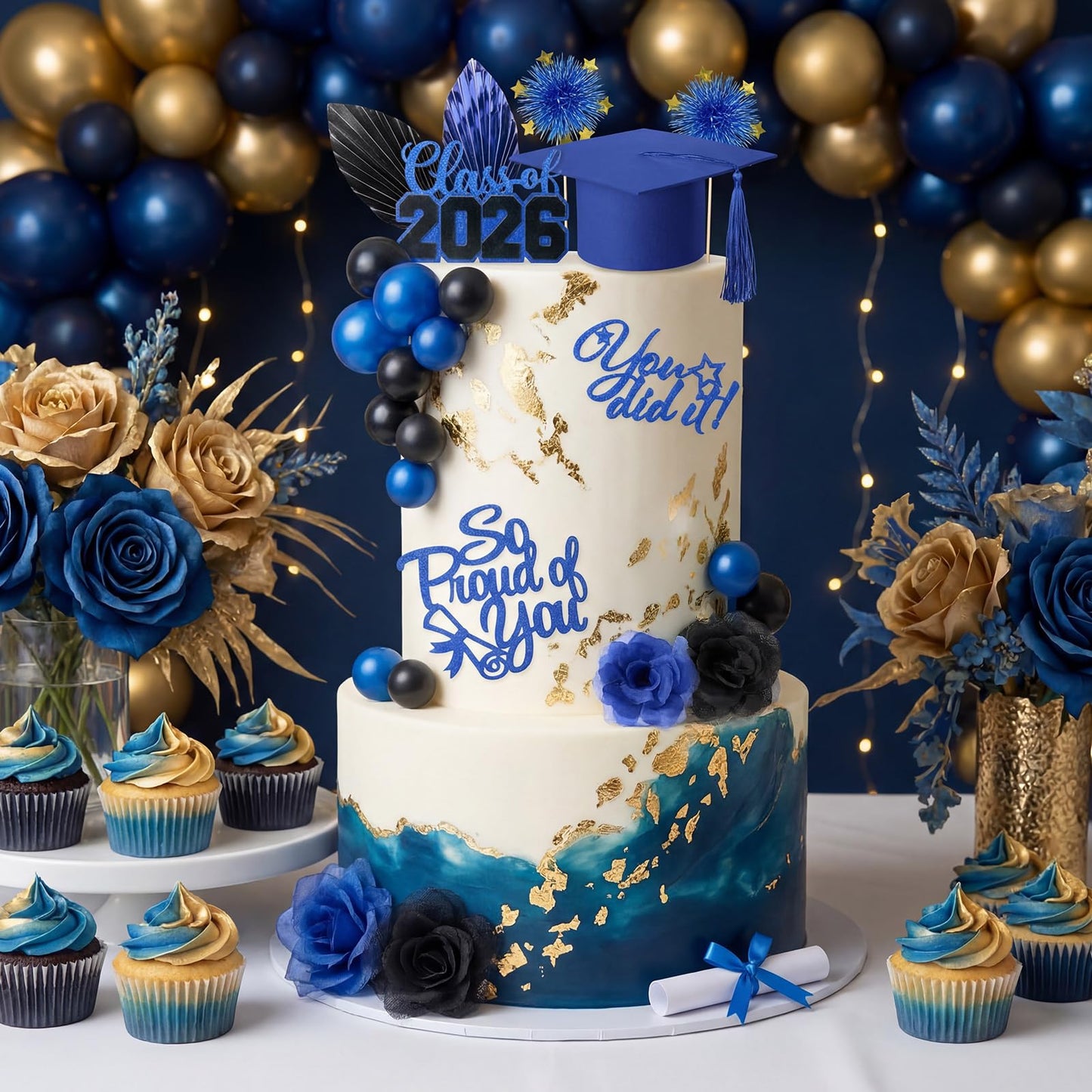 Sureio 48 Pcs Graduation Cake Toppers Class of 2026 Congrats Grad Cake Decor Graduation Cap Diploma Artificial Flower Card Ball Palm Leaves Firework Stick Kit for Theme Party Supplies (Blue, Black)