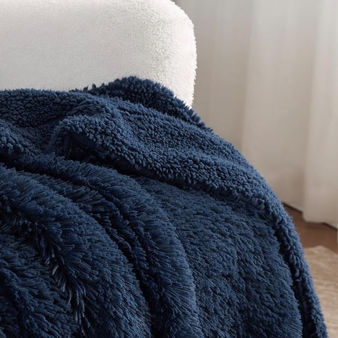 Bedsure GentleSoft Fuzzy Faux Fur Twin Blanket, Navy Blue Cozy Gifts for Men, Soft Sherpa Fleece Plush Warm Minky Thick Blanket Twin Size for Bed, Navy Dorm Decor Blue Gifts for Boys, 60x80