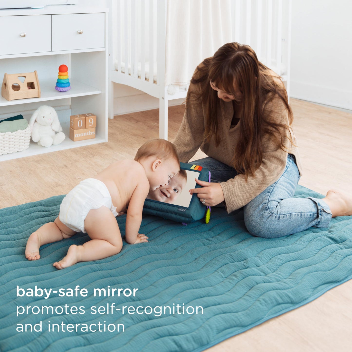 Ubbi Mirror Me Activity Toy, Tummy Time Developmental Baby Toy, Multi-Sensory Play Cube, Includes High Contrast Visual Learning Cards and Silicone Teether