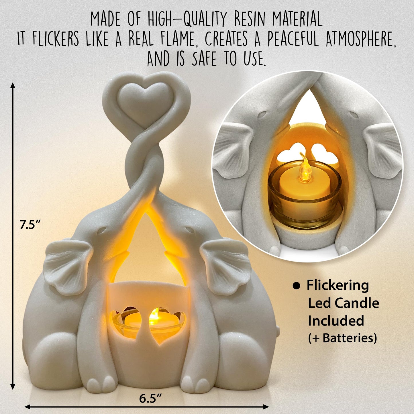 Elephant Love Candle Holder Statue - Elegant Gift Home Decor for Women Living Room or Bedroom - Flickering LED Candle Included - Ivory 14th Anniversary, Couples, Parents Valentine's Present