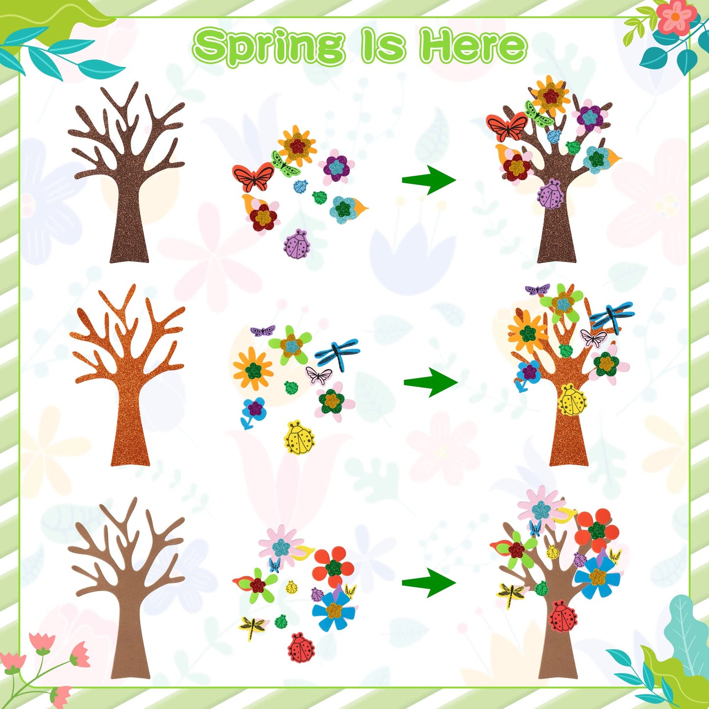 JAPBOR 86PCS Spring Tree Foam Craft Sticker, Springtime Glitter Flower Leaf Butterfly Self Adhesive Stickers, Make Your Own Spring Trees Party Decoration for Art Fun Home Classroom Activities