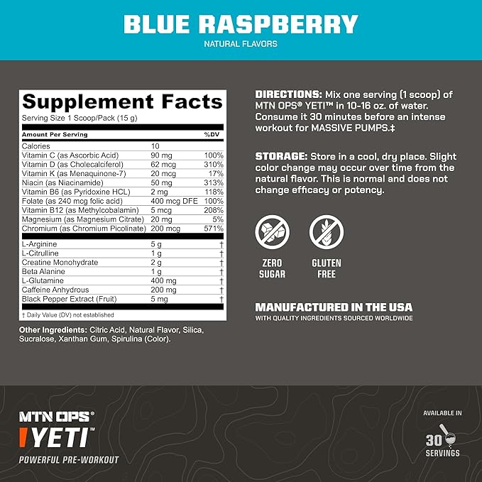 MTN OPS Yeti Pre-Workout Powder Energy Drink with Creatine, 200mg Caffeine & BCAAs with Beta Alanine, 30-Serving Tub, Blue Raspberry