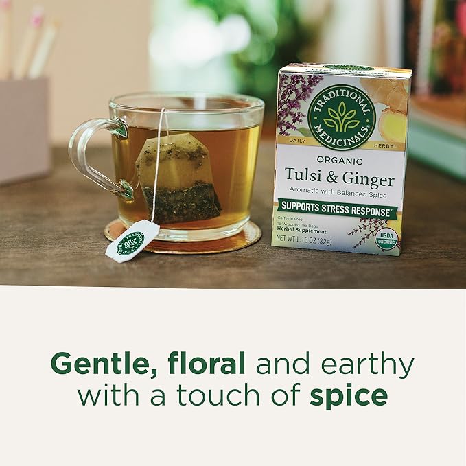 Traditional Medicinals Tea, Organic Tulsi & Ginger, Relieves Stress, Tension, & Irritability, 96 Tea Bags (6 Pack)