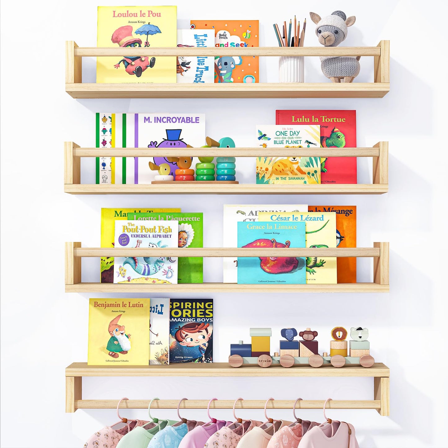 Fixwal Nursery Book Shelves, 23.6 Inch Floating Bookshelves for Wall Set of 4, Baby Nursery & Playroom Decor, Solid Wood Wall Mounted Shelves for Books and Toys Storage (Natural Wood)