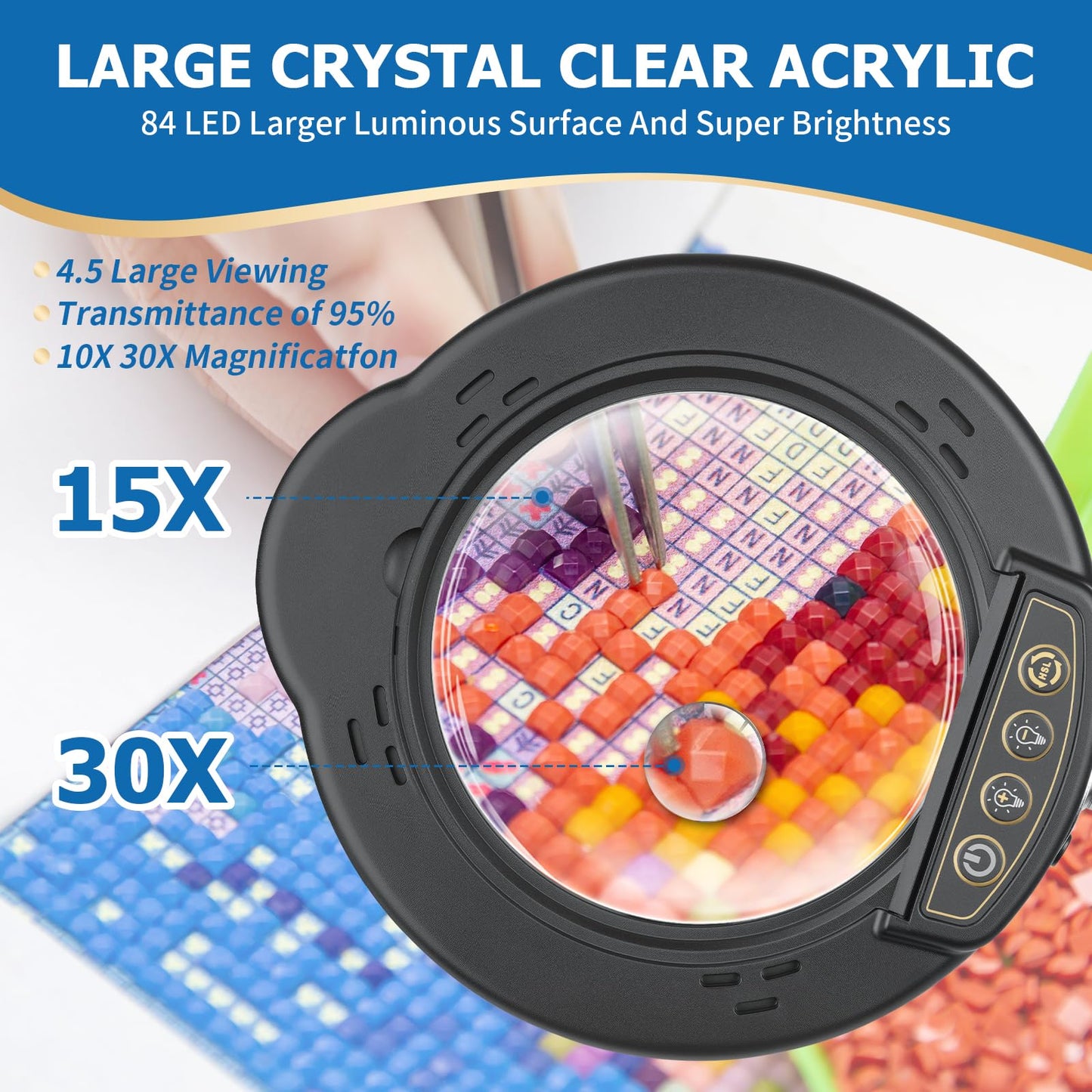 15X 30X Magnifying Glass with Light and Stand, LED Desk Lamp with Base and Clamp, 5 Color Mode, 10 Dimmable Levels, Hands-Free Magnifying Glasses for Close Work, Reading, Crafts, Jewelry