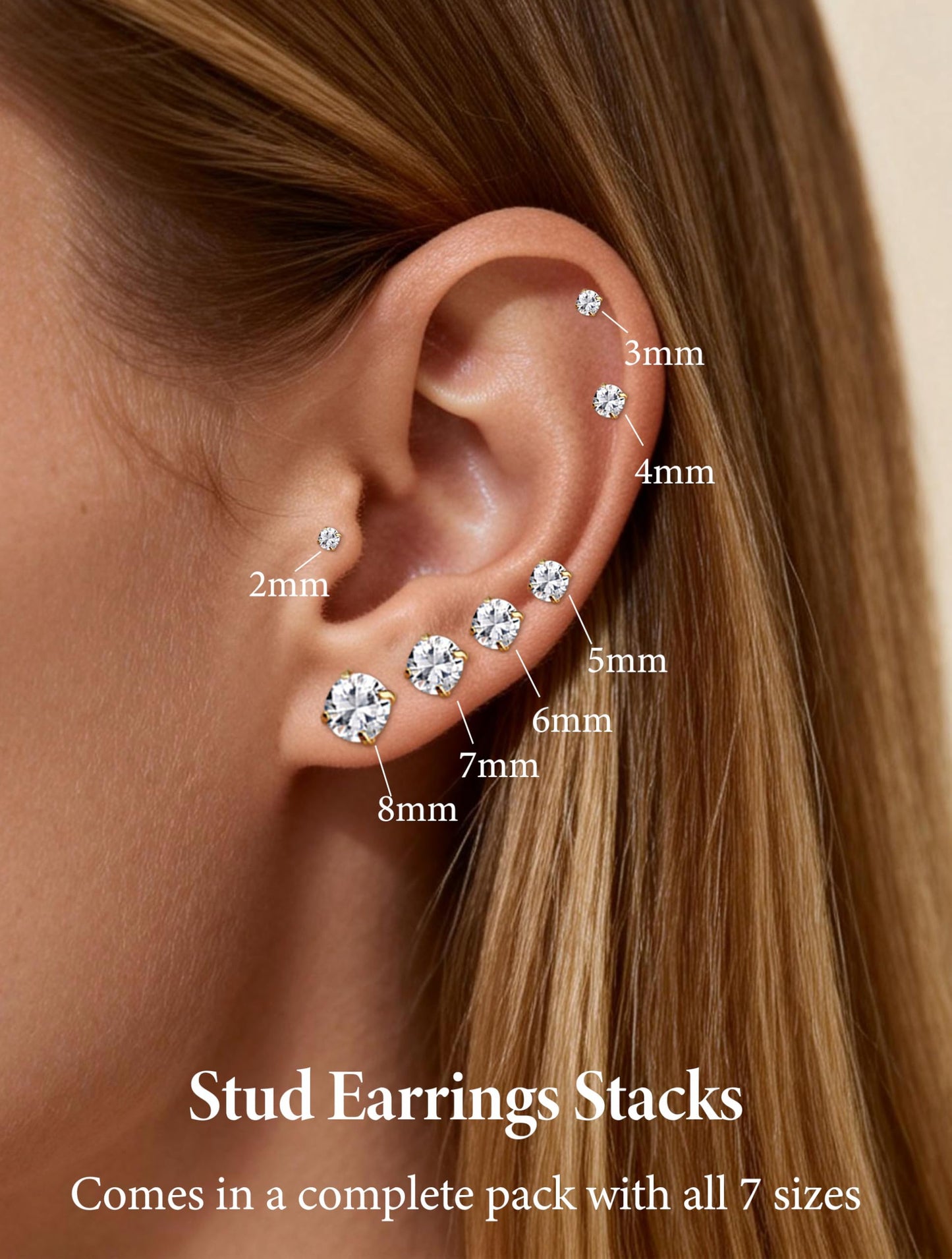 Arminor 7 Pairs 20G Stud Earrings for Women Men Hypoallergenic 316L Surgical Stainless Steel Earrings for Multiple Piercing | AAAAA+ Cubic Zirconia Earring Stacks with Butterfly & Silicone Backs