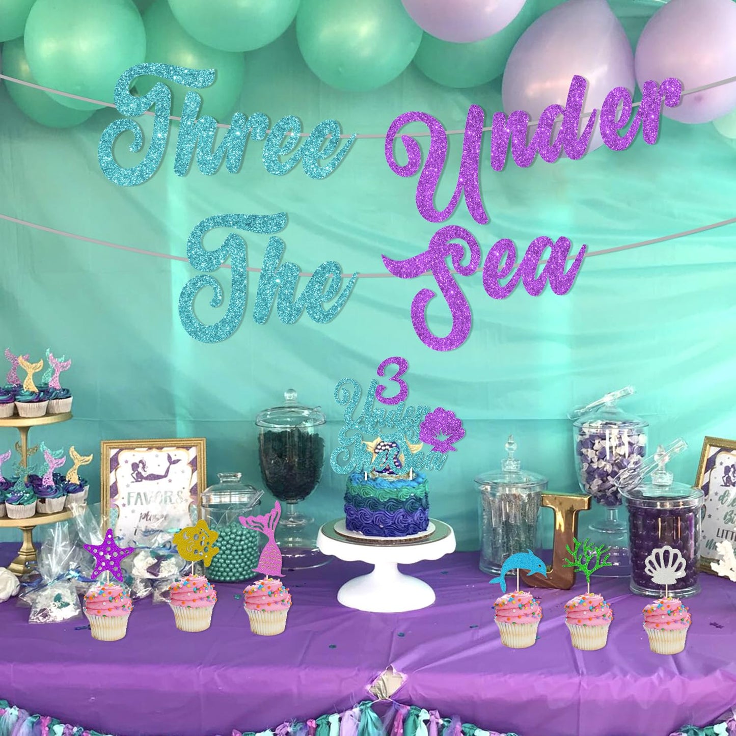 Three Under the Sea Party Decorations, Sea Themed 3rd Birthday Party Decorations Include Number 3 Seashell Confetti Balloons for 3rd Birthday Party Girls' Shell Decor Under the Sea Party Supplies