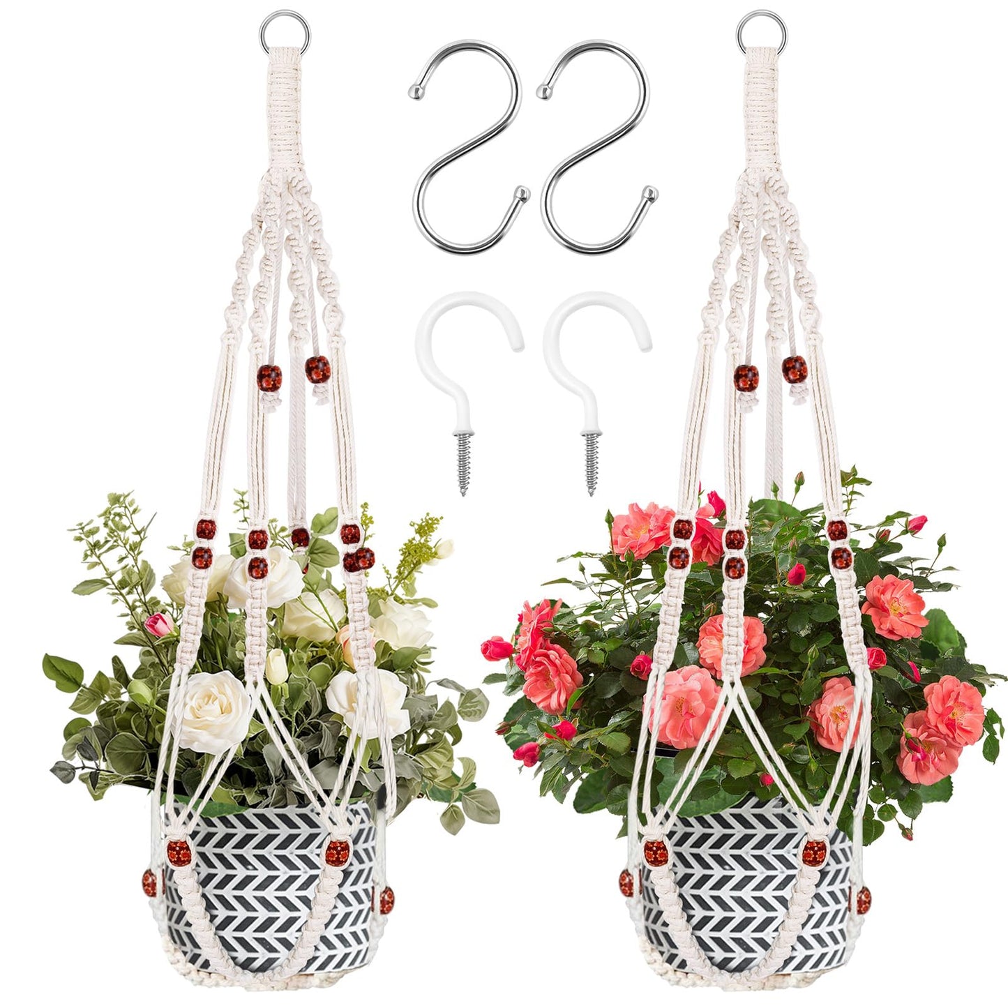 SDICSN Macrame Plant Hanger Hanging Plant Holder Boho Home Decor for Indoor and Outdoor Flower Pots Holder with Wood Beads Decorative （2pcs）