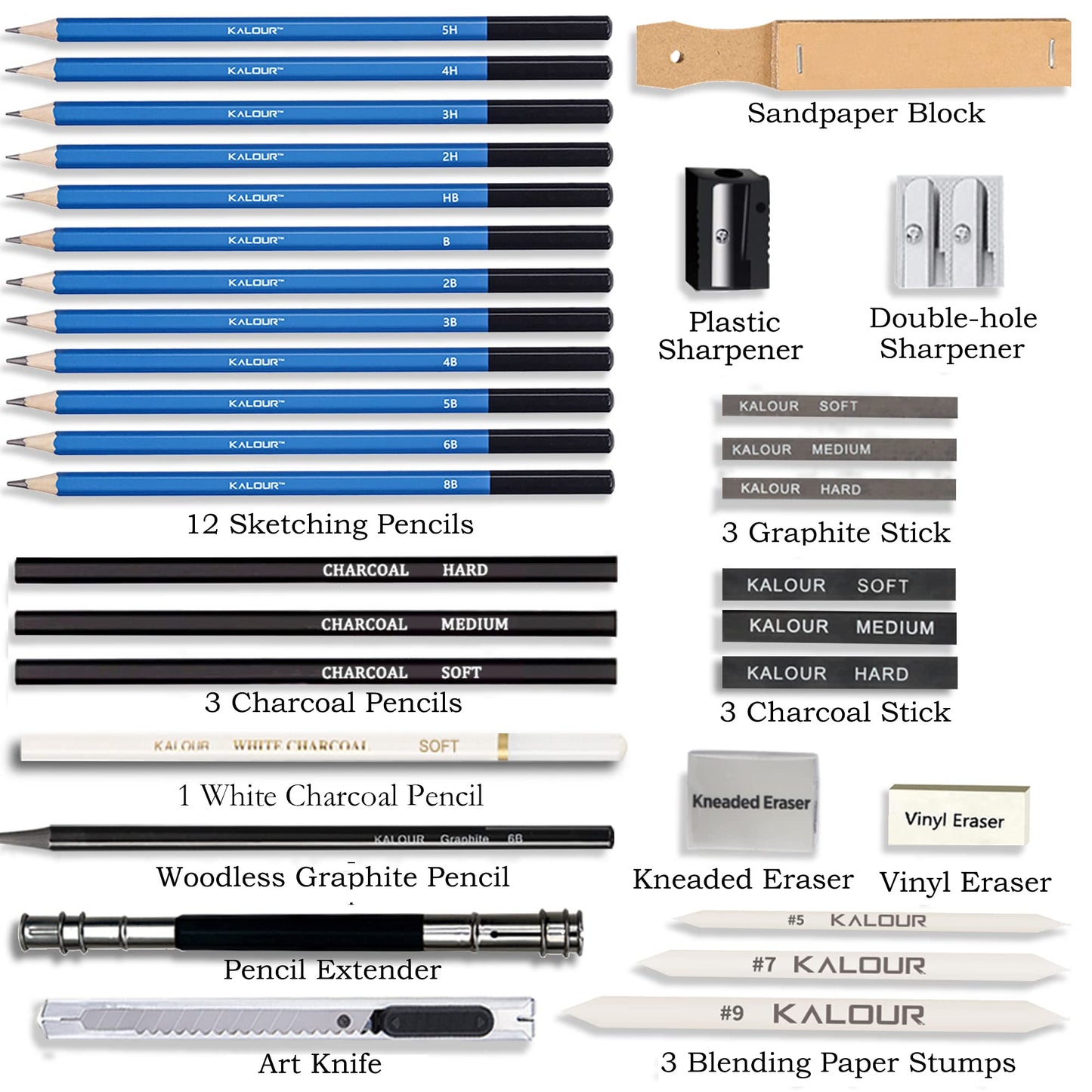 KALOUR 33 Pro Drawing Kit Sketching Pencils Set,Portable Zippered Travel Case-Charcoal Pencils, Sketch Pencils, Charcoal Stick,Sharpener,Eraser.Art Supplies for Artists Beginner Adults Teens