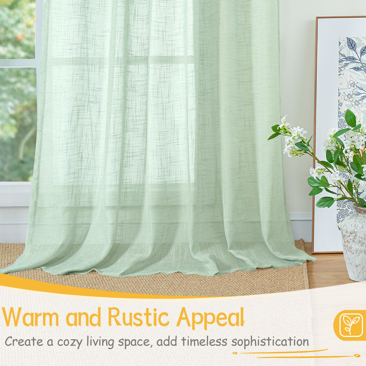 Light Green Linen Semi Sheer Curtains 84 Inch Length for Living Room (2 Count)