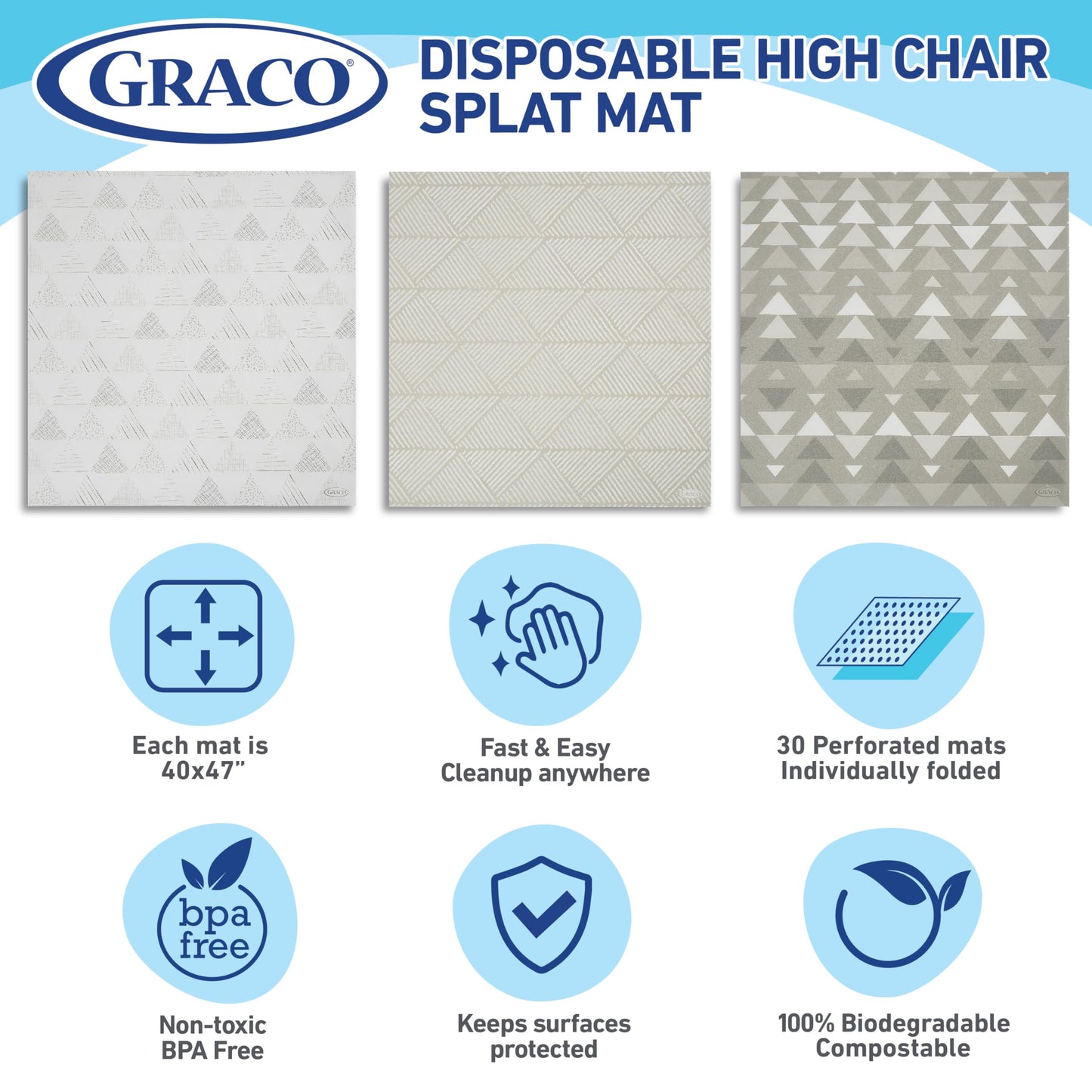 Graco Baby Disposable Splat Mats, 30 Sheets with Assorted Designs, 47" x 40", Eco-Friendly Floor Protector for Mealtime, Home & Restaurant Use