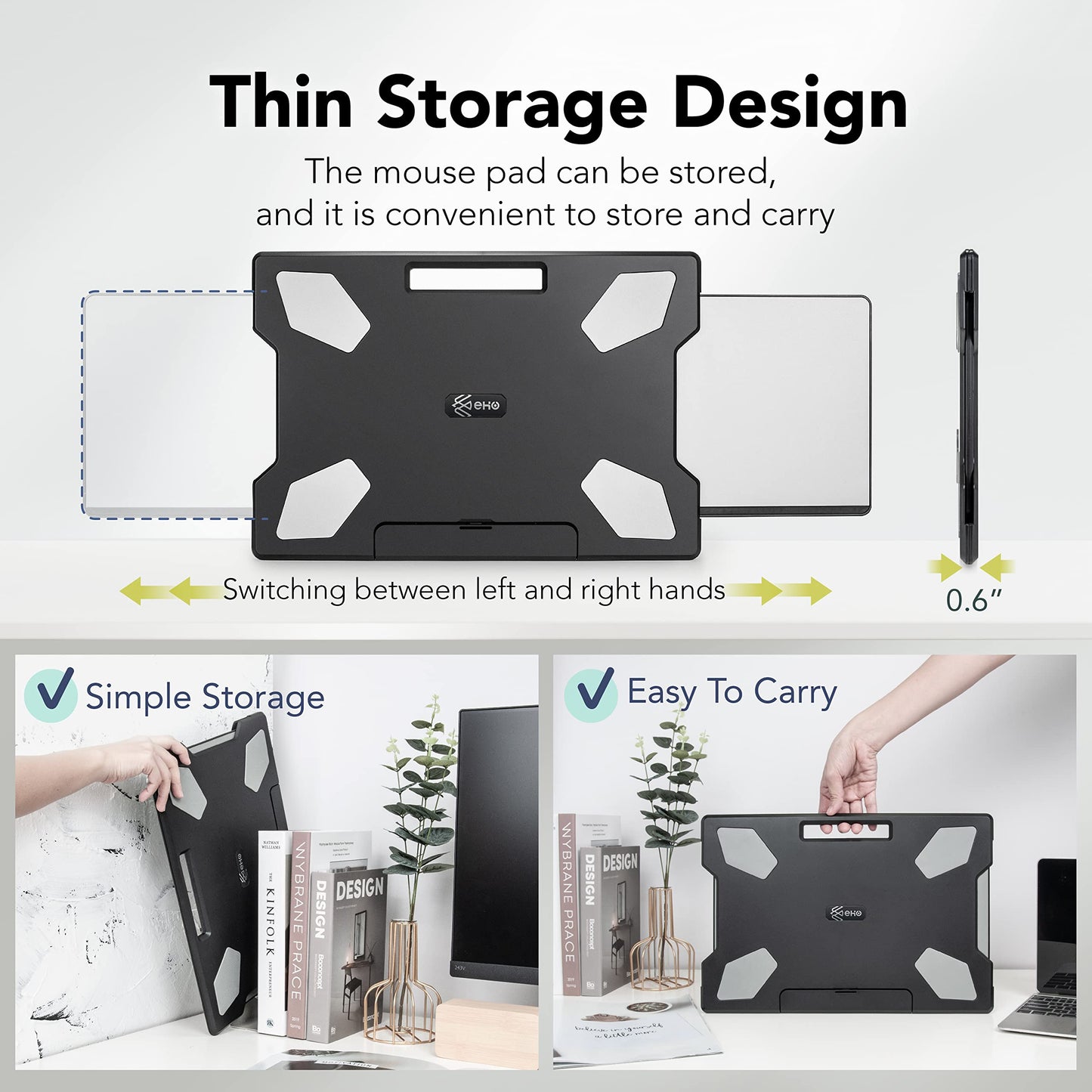 EHO Laptop Lap Desk with Retractable Mouse Pad, Portable Ergonomic Lap Pad with Heat Shield and Foldable Stopper, Lightweight Travel Lapdesk Fits up to 16" Laptops, Bed Sofa or Work Use