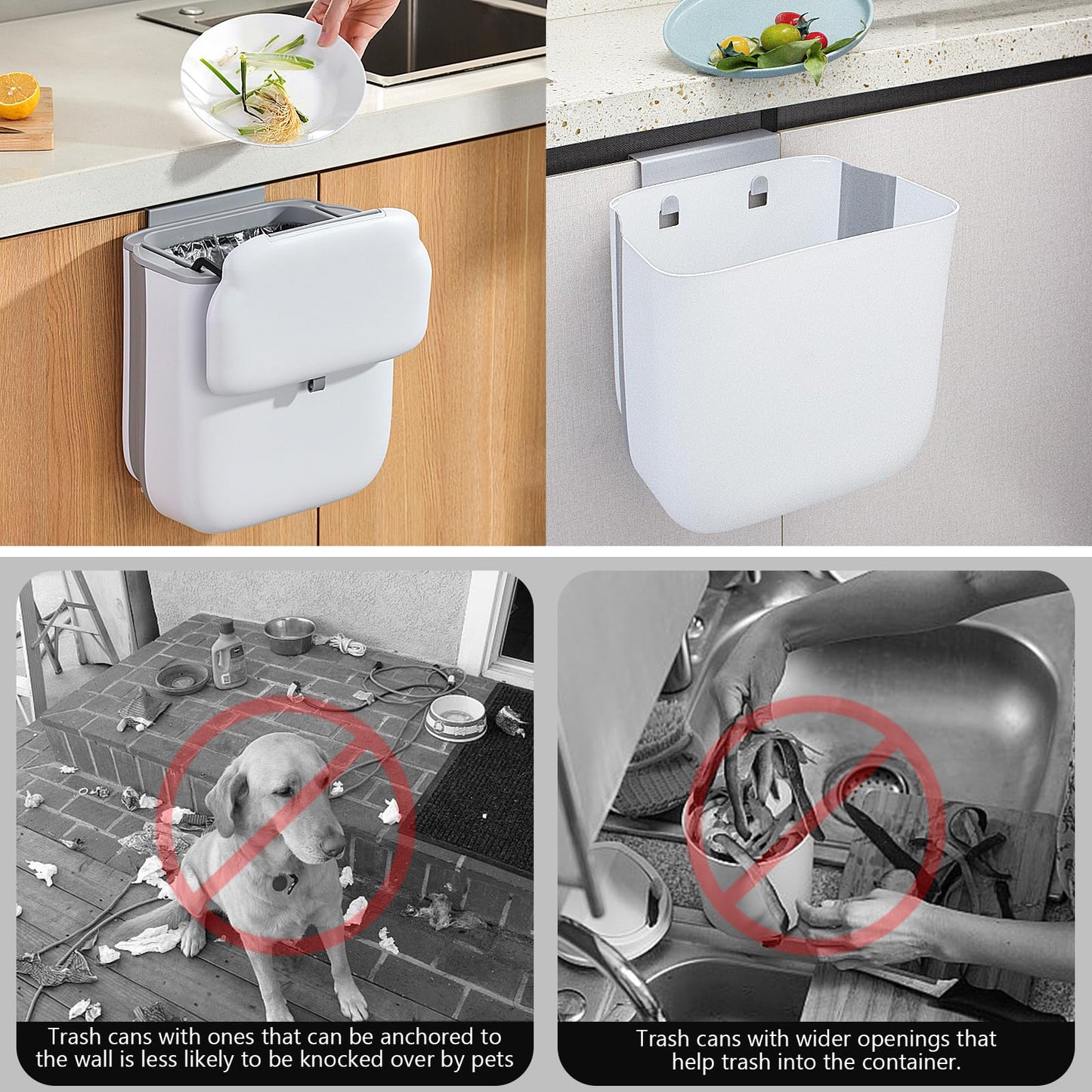 Soddeph 3.2 Gallon Foldable Hanging Trash Can with Lid for Cabinet Door,Kitchen Compost Bin,Wall-Mounted Plastic Garbage Can for Countertop or Under Sink, Bathroom and RV (White with lid)