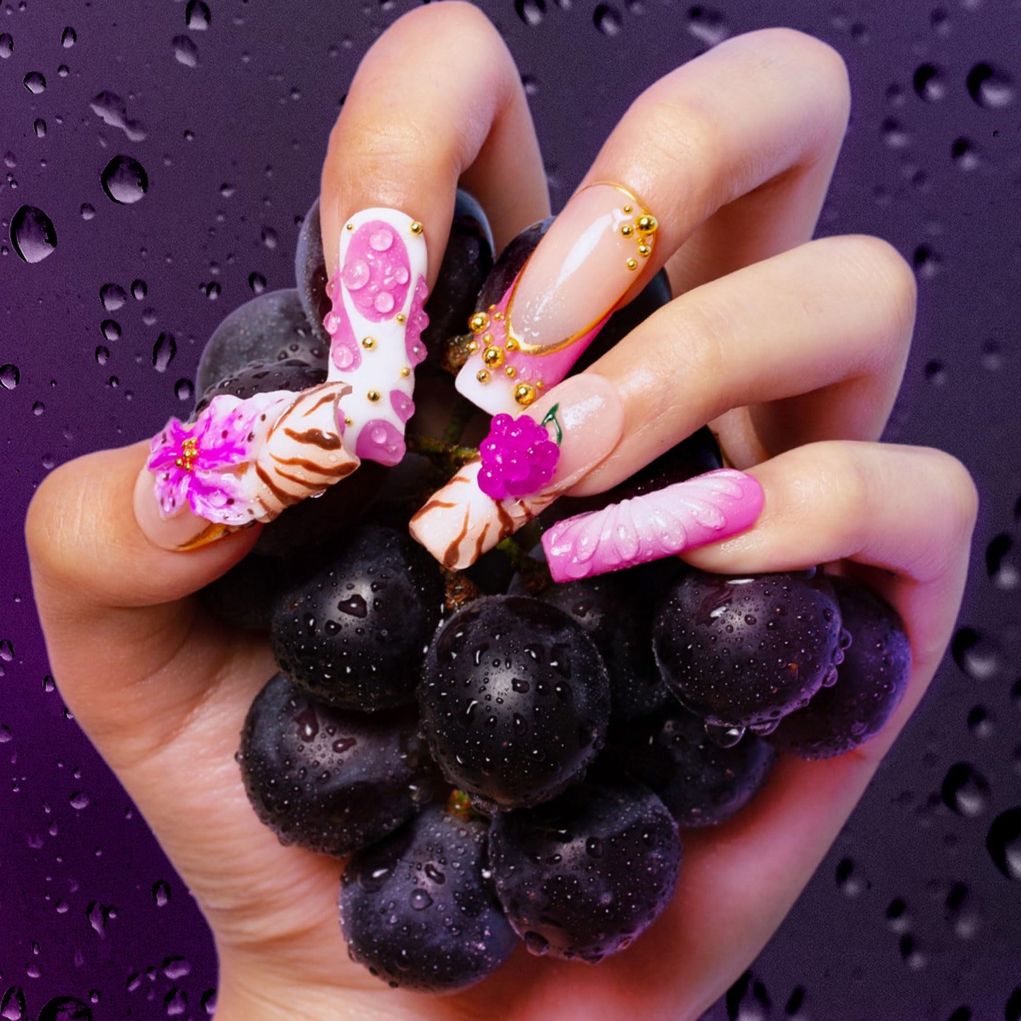 LOVFUL Press on Nails La Vida Rosé | Handmade with Full Covered Crystals | Reusable Full Cover Nails | Square Classic Regular 1.3 in | H470-S