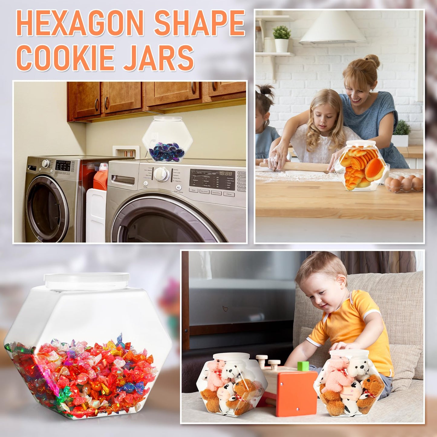 EBOOT 4 Pcs 29 oz Plastic Candy Cookie Jars for Kitchen Counter Hexagon Cookie Jar with Lid Clear Candy Containers Laundry Pod Storage Container Dry Food for Buffet Dog Treats Craft