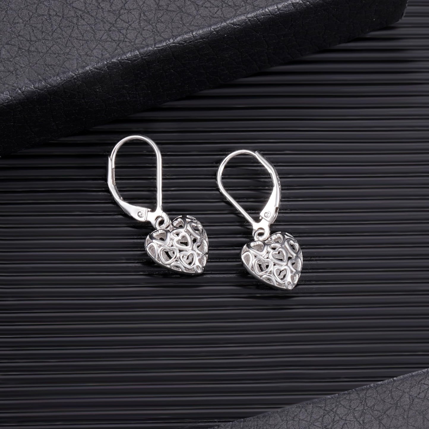 LANCHARMED 925 Sterling Silver Heart Dangle Drop Earrings for Women, Trendy French Style Silver Leverback Earrings, Hypoallergenic Jewelry