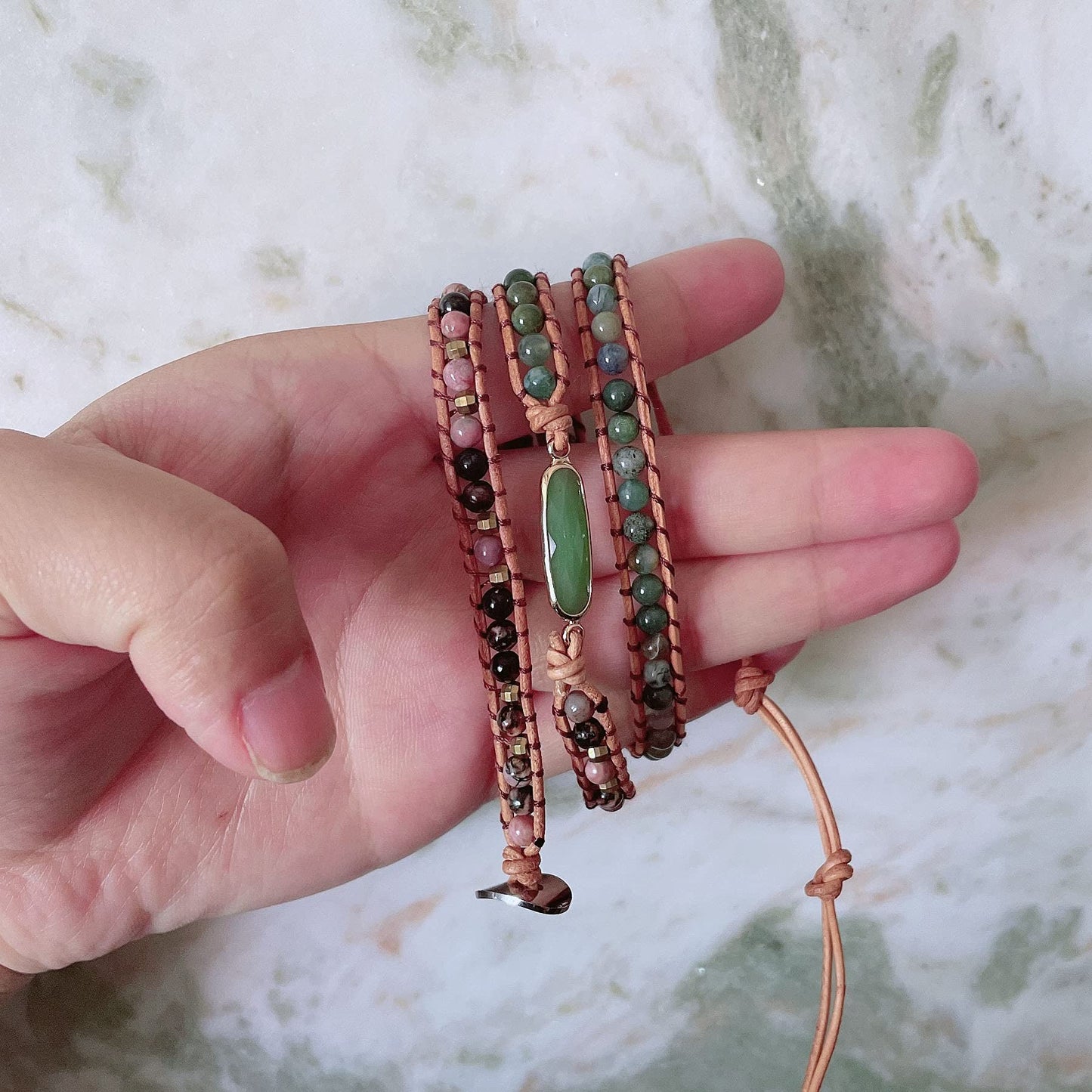 Plumiss Women Boho Handmade Green Crystal Indian Agate Rhodonite Stone Bead Strand 3 Wrap Bracelets