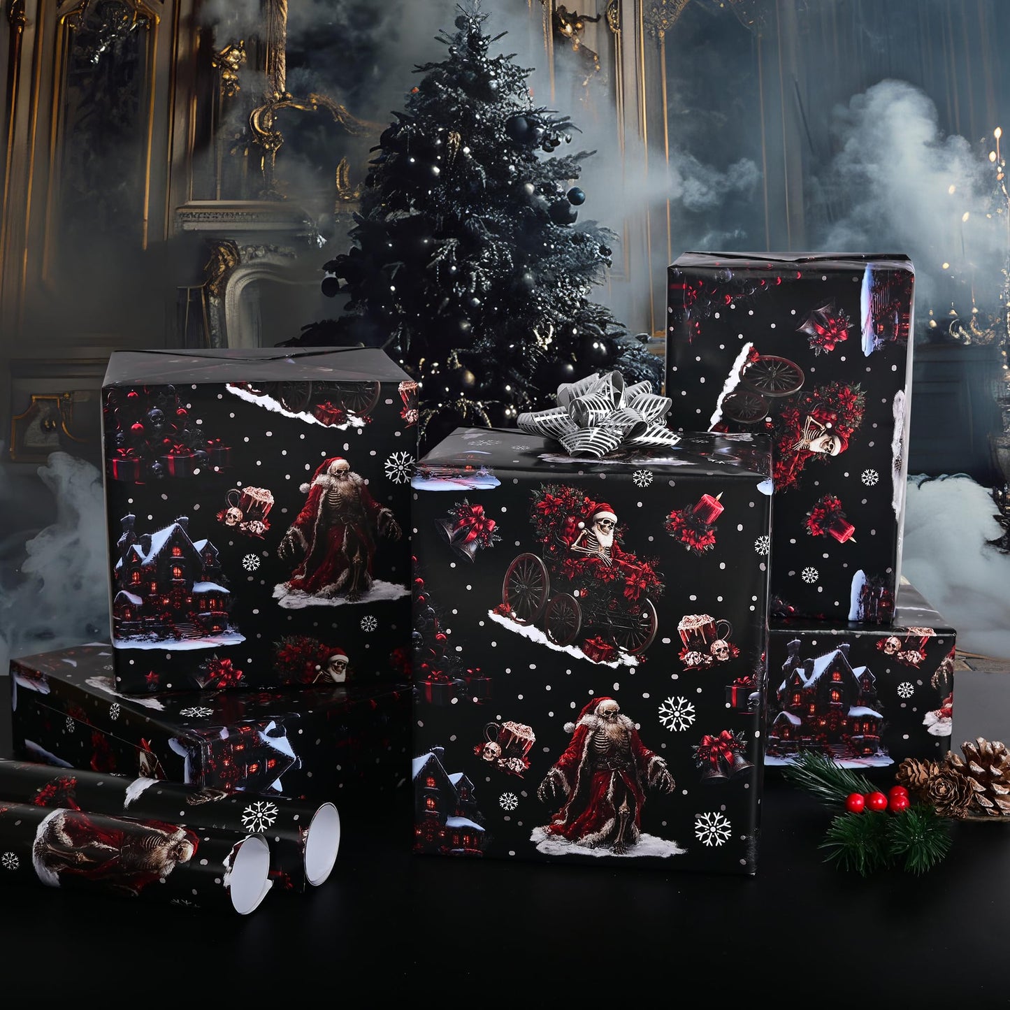 Dtiafu Gothic Christmas Wrapping Paper Roll Black Horror Christmas Santa Claus Skeleton Design Xmas Gift Wrap for Winter Halloween Holiday Party Celebration - Total 28.5sq.ft