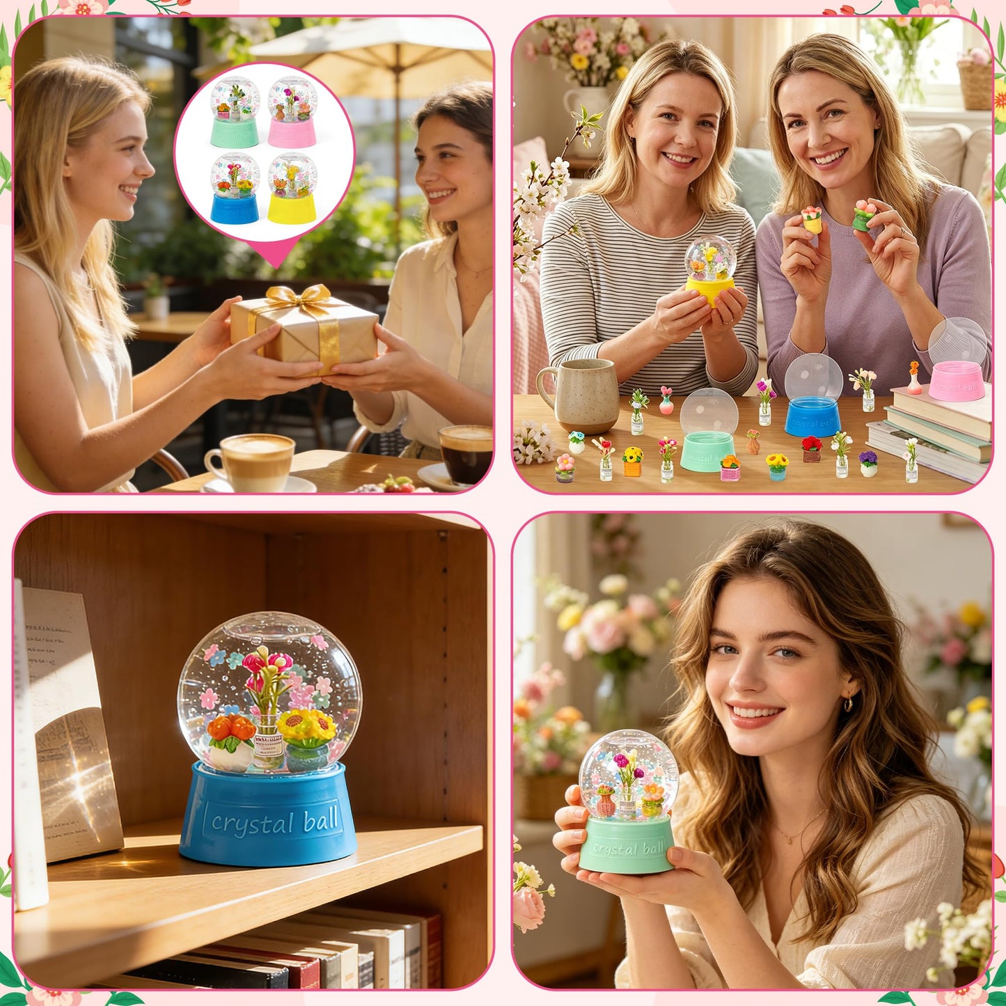 HoniedPepperino Spring Summer Snow Globes Craft Kit - 8 Set DIY Plastic Snow Globe Craft with Mini Resin Tulips, Make Your Own Graduation Party Decor with Glitter for Art Activity Gifts (Flowers)