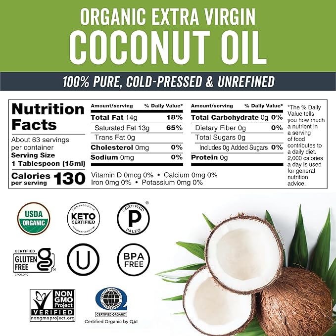 Viva Naturals Organic Coconut Oil, 32 fl oz – Unrefined, Cold-Pressed Extra Virgin Coconut Oil, USDA Organic & Non-GMO, Natural Cooking Oil, Hair Oil & Skin Oil