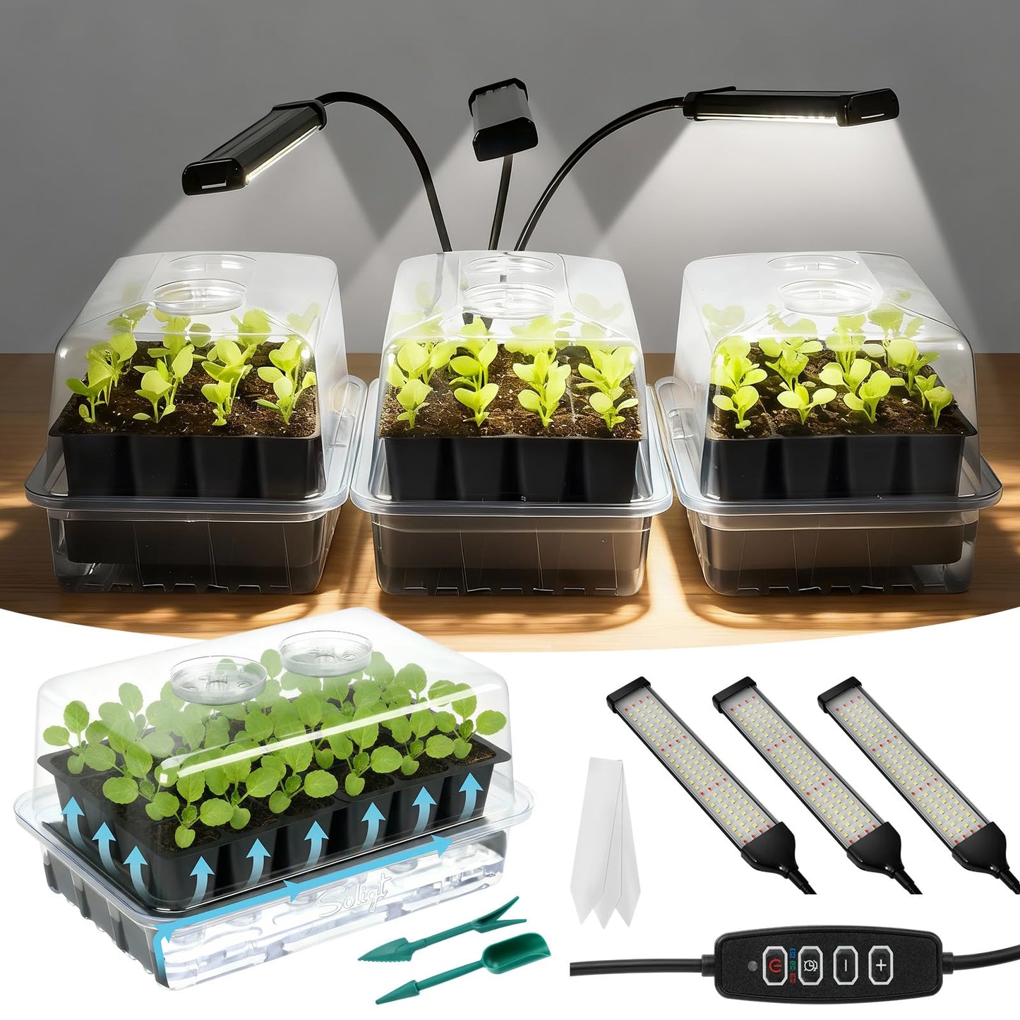 SOLIGT 72 Cell Self Watering Seed Starter Trays with Grow Light, 3 Seed Starter Kit with Humidity Domes, Full Spectrum Seedling Light with 8/12/18H Timer for Seed Starting, Seedling Growing