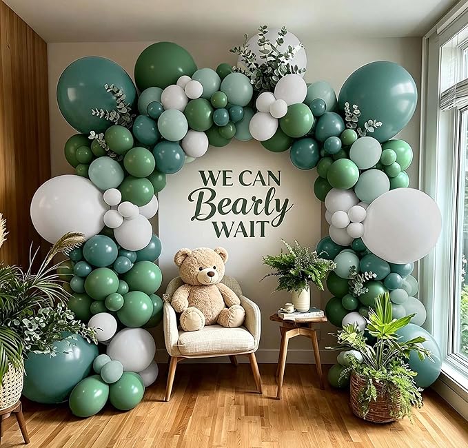 Dusty Blue & Sage Green Balloon Arch Kit, Double Stuffed – Slate Blue, Teal, Dusty Green & White Matte Latex Balloons for Baby Shower, Birthday & Wedding